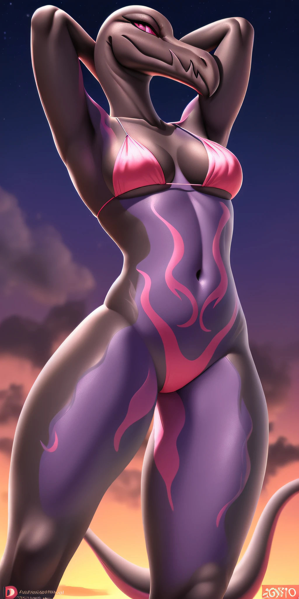 Feminino, (((solo))) personagem, Salazzle Pokemon, foco feminino, 8k wuality, ultra realista, render 3d, arte digital, (((retrato bonito e detalhado))) (((Women's Pokémon Salazzle))), carregado para e621, ((Scenic lighting, perfect illumination,)) non-muscular, fraco, (((corpo inteiro mostrado))), (((olhos rosa detalhados))), ((decote))), ((correct position))), ((sedutor))), ((sedutor))), ((amante))), ((dominante))), ((sexy))), (((full body commission))), (((reference sheet character))), (((vista frontal))), (((detailed hands))) (((bikini))), (((cauda, cauda detalhada perfeitamente))), (((thicc, bumbum enorme, coxas grandes, seios grandes))), ((barriga rosada)), ((((dois tons de pele)))), (((fazendo agachamento))), (((Hands behind head))), (((olhando para o espectador de lado)))