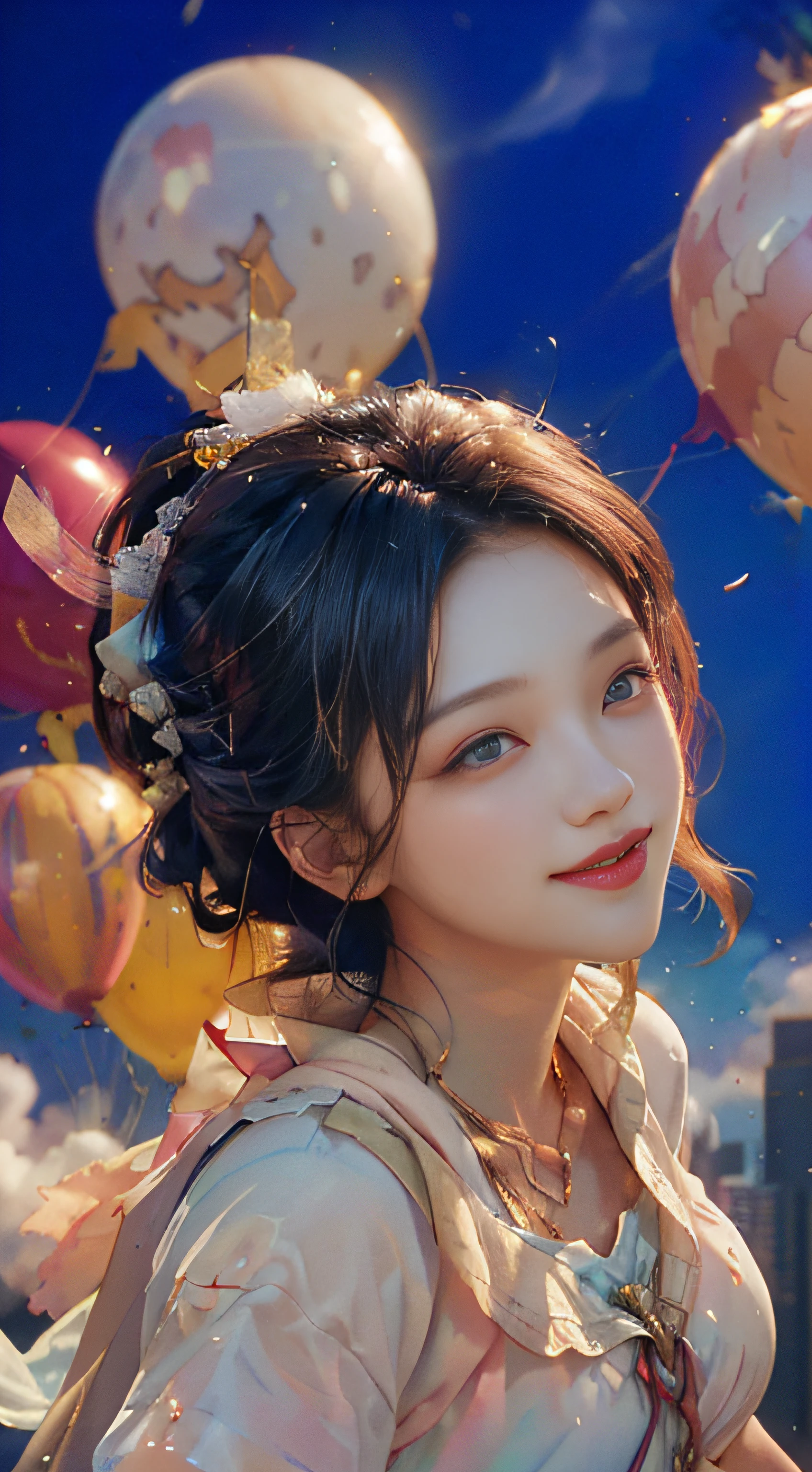 ((bust photo)), ((beautiful detailed face))), ((straight hair)), ((smile)), ((gradient eyes)), ((white cloud background)), ((chest reduction)), ((shorts)), ((high saturation)), (balloons)), (dynamic angles)), ((city)), ((night)), ((outdoor)), (highly detailed face and skin texture)), ((double eyelids)), ((whitening skin)), ((magazine cover)), (close-up: 1.1), Floating in the sky,