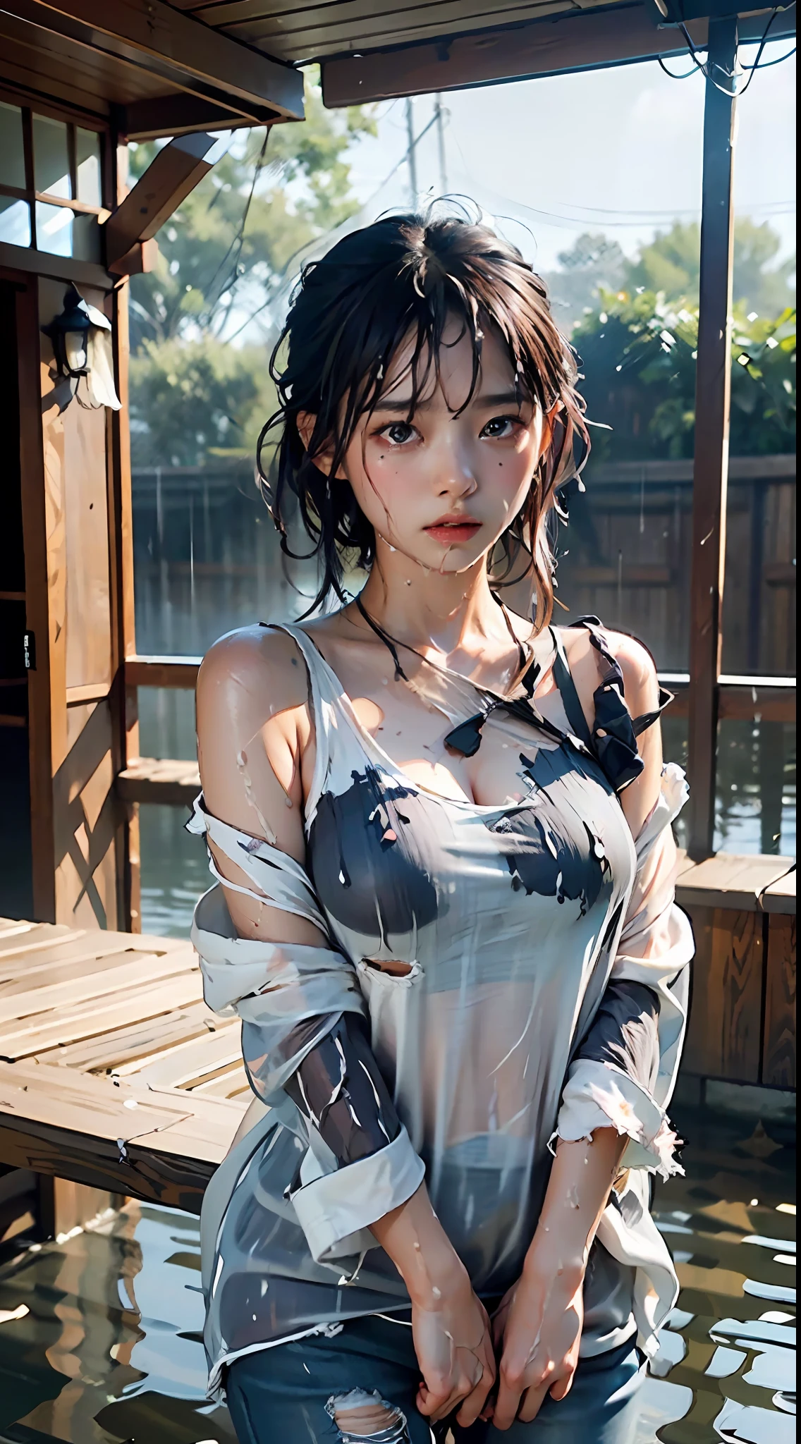Best picture quality, masterpiece, ultra high resolution, (fidelity :1.4), photo, 1 girl,[(sadness)],white shirt, Dim, dark, desperate, pitying, pitiful, cinematic,tear,teardrop,(Torn clothes:1.5), (Wet clothes:1.4), bare shoulders,Real rain,wet hair,..