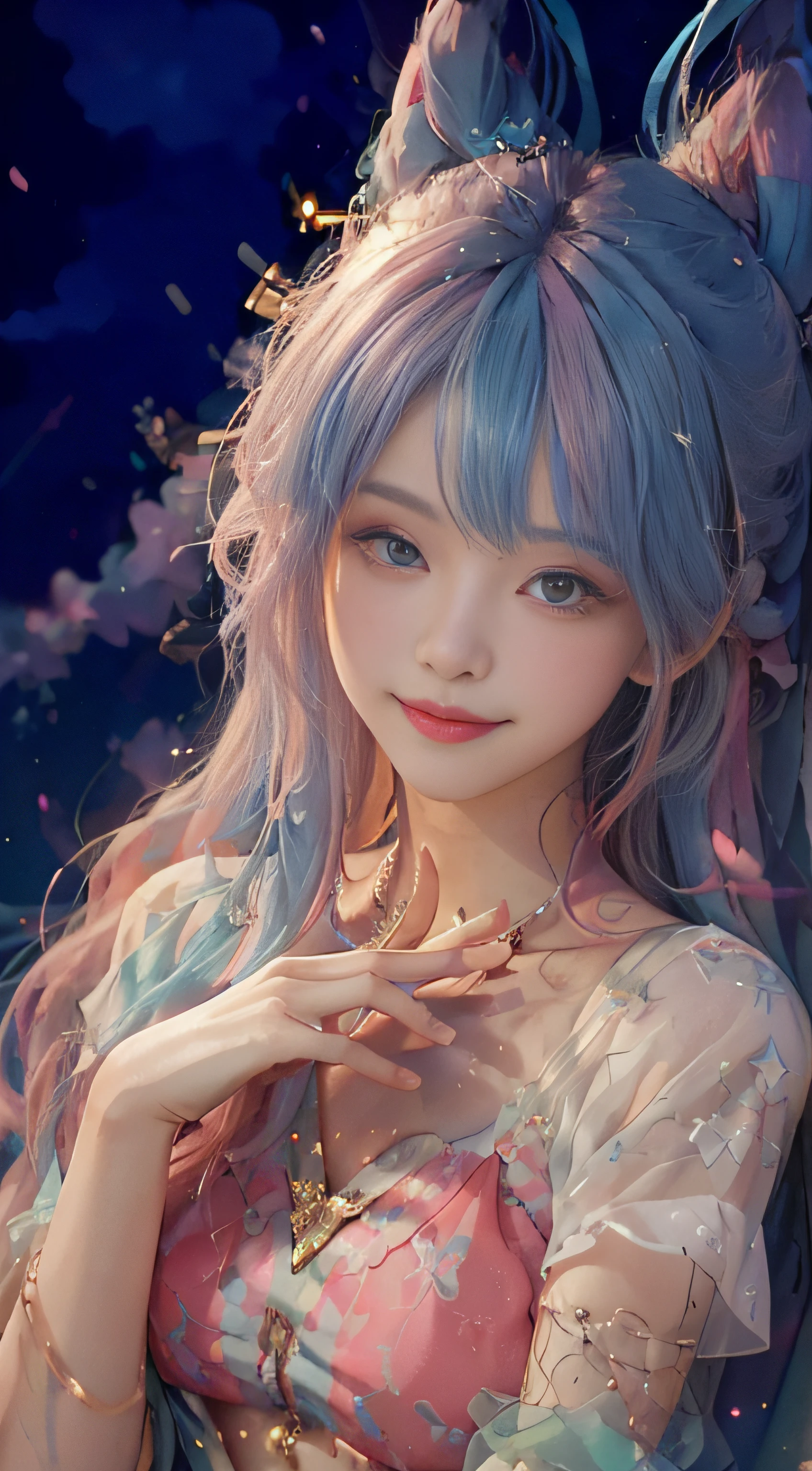 ((bust photo)), ((beautiful detailed face))), ((straight hair)), ((smile)), (gradient eyes)), ((white cloud background)), ((chest reduction)), ((shorts)), ((high saturation)), (balloons)), (dynamic angle)), ((city)), ((night)), ((outdoor), (highly detailed face and skin texture)), ((double eyelids)), ((whitening skin)), ((magazine cover)), (Close-up: 1.1), (Bauhaus, shapes, lines, abstraction: 1.1), (rainbow hair, colorful hair, half blue and half pink hair: 1.2), soap bubbles, floating in the sky, bright, happy, funny, soft lights,