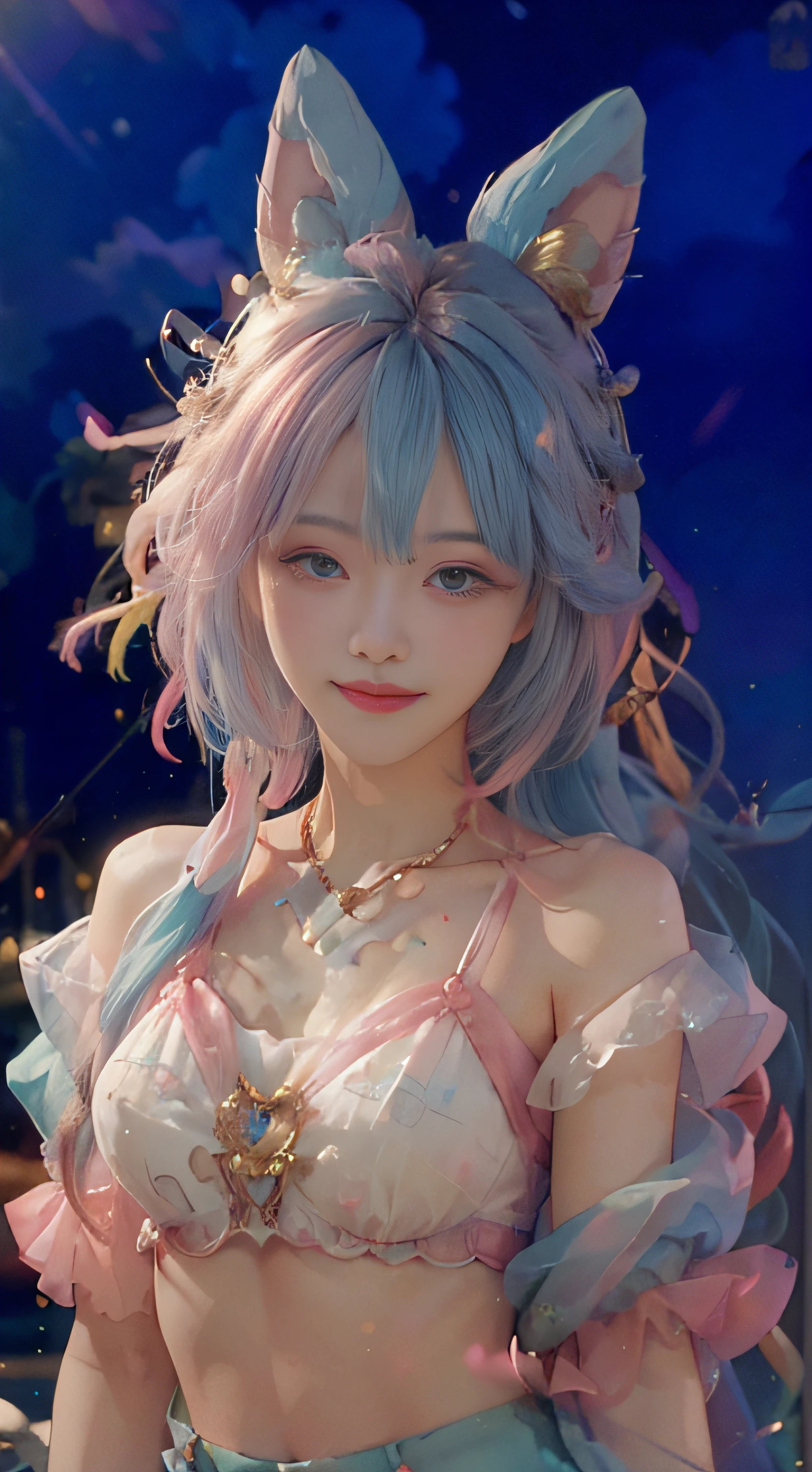 ((bust photo)), ((beautiful detailed face))), ((straight hair)), ((smile)), (gradient eyes)), ((white cloud background)), ((chest reduction)), ((shorts)), ((high saturation)), (balloons)), (dynamic angle)), ((city)), ((night)), ((outdoor), (highly detailed face and skin texture)), ((double eyelids)), ((whitening skin)), ((magazine cover)), (Close-up: 1.1), (Bauhaus, shapes, lines, abstraction: 1.1), (rainbow hair, colorful hair, half blue and half pink hair: 1.2), soap bubbles, floating in the sky, bright, happy, funny, soft lights,