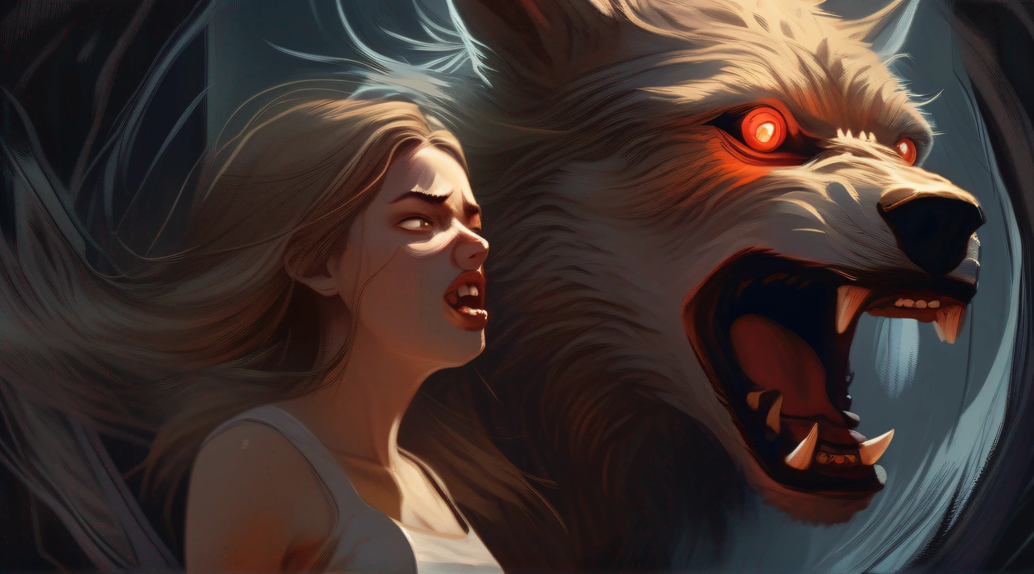 A mesmerizing depiction of a young woman gracefully transitioning into a ferocious werewolf, showcasing intricate details, exquisite lighting, and evocative emotions.