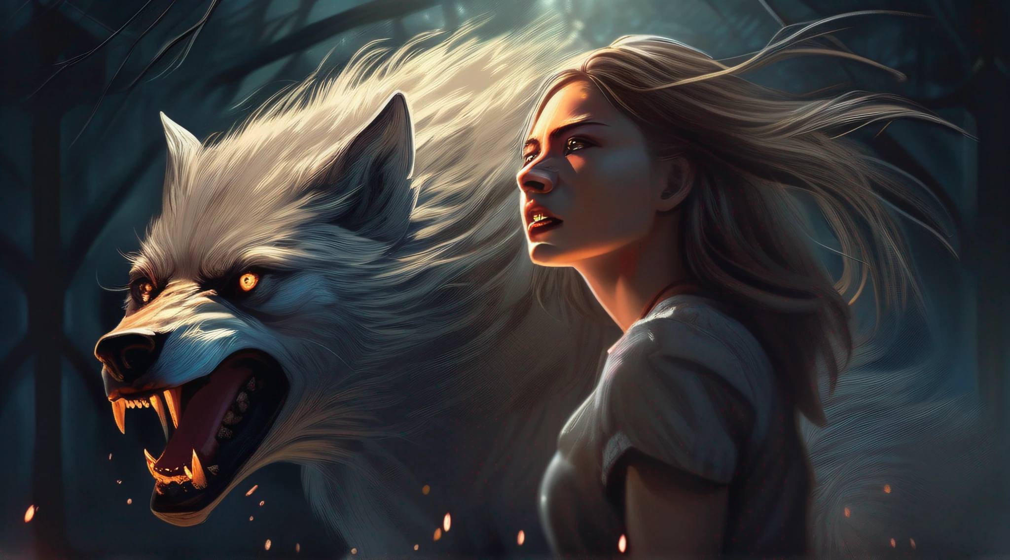 A mesmerizing depiction of a young woman gracefully transitioning into a ferocious werewolf, showcasing intricate details, exquisite lighting, and evocative emotions.