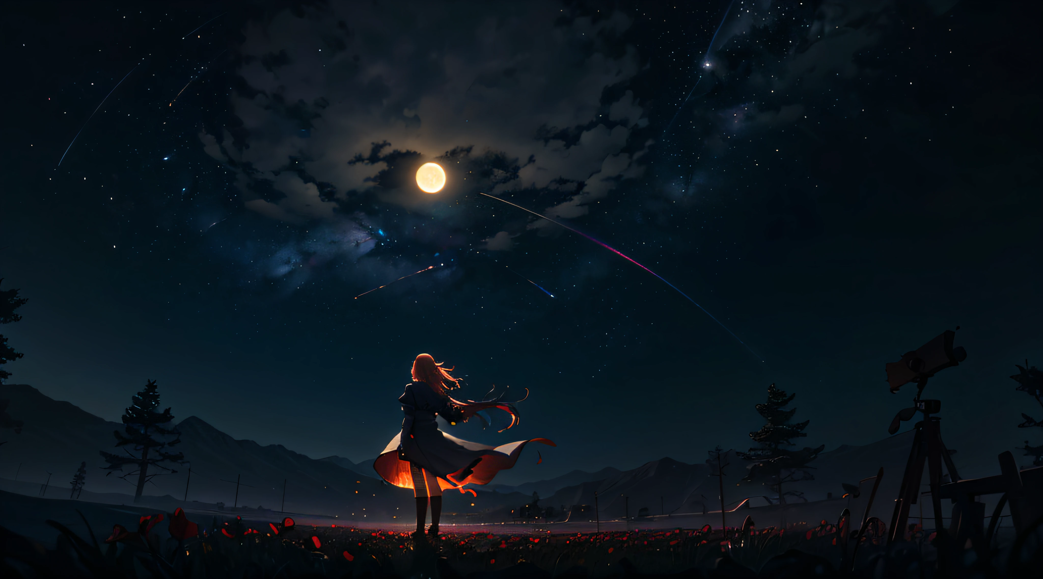 A wide landscape photo, (viewed from below, the sky is above, and the open field is below), a girl standing on a flower field looking up, (full moon: 1.2), (meteor: 0.9), (nebula: 1.3), distant mountains , Trees BREAK Crafting Art, (Warm Light: 1.2), (Firefly: 1.2), Lights, Lots of Purple and Orange, Intricate Details, Volumetric Lighting BREAK (Masterpiece: 1.2), (Best Quality), 4k, Ultra Detailed, (Dynamic Composition: 1.4), Rich in Detail and Color, (Rainbow Color: 1.2), (Glow, Atmospheric Lighting), Dreamy, Magical, (Solo: 1.2) --auto