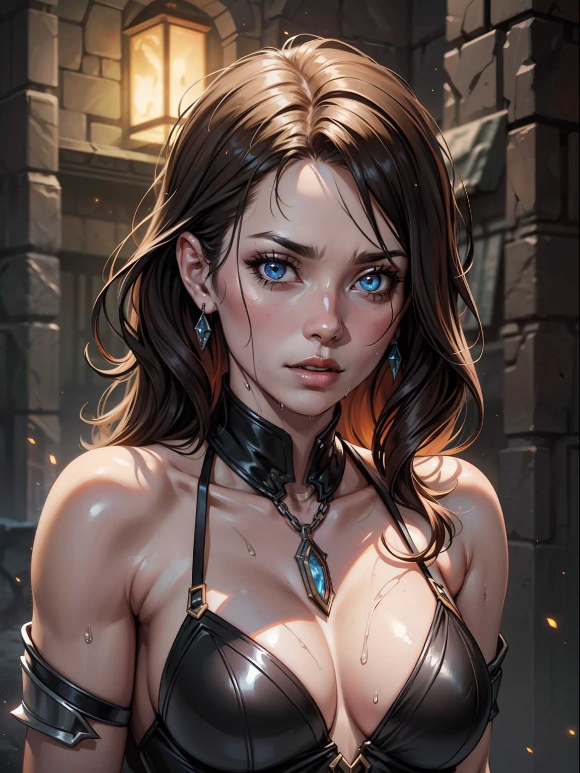 dragon, and woman in dungeon, chained fantasy, epic exposition, expression eyes, detailed background, pale skin, beautiful woman, destroyed hogwarts, detailed body, dynamic pose, hyperdetailed perfect face, finely detailed face, complex, symmetrical face, sharp focus, perfect, dynamic pose, textured, looking into the camera, chiaroscuro, professional, realistic, rough, gritty, Olivia de Berardinis, glowing particles, ultra detailed, unreal engine 5, red light shine, hyper realistic painting, wet skin