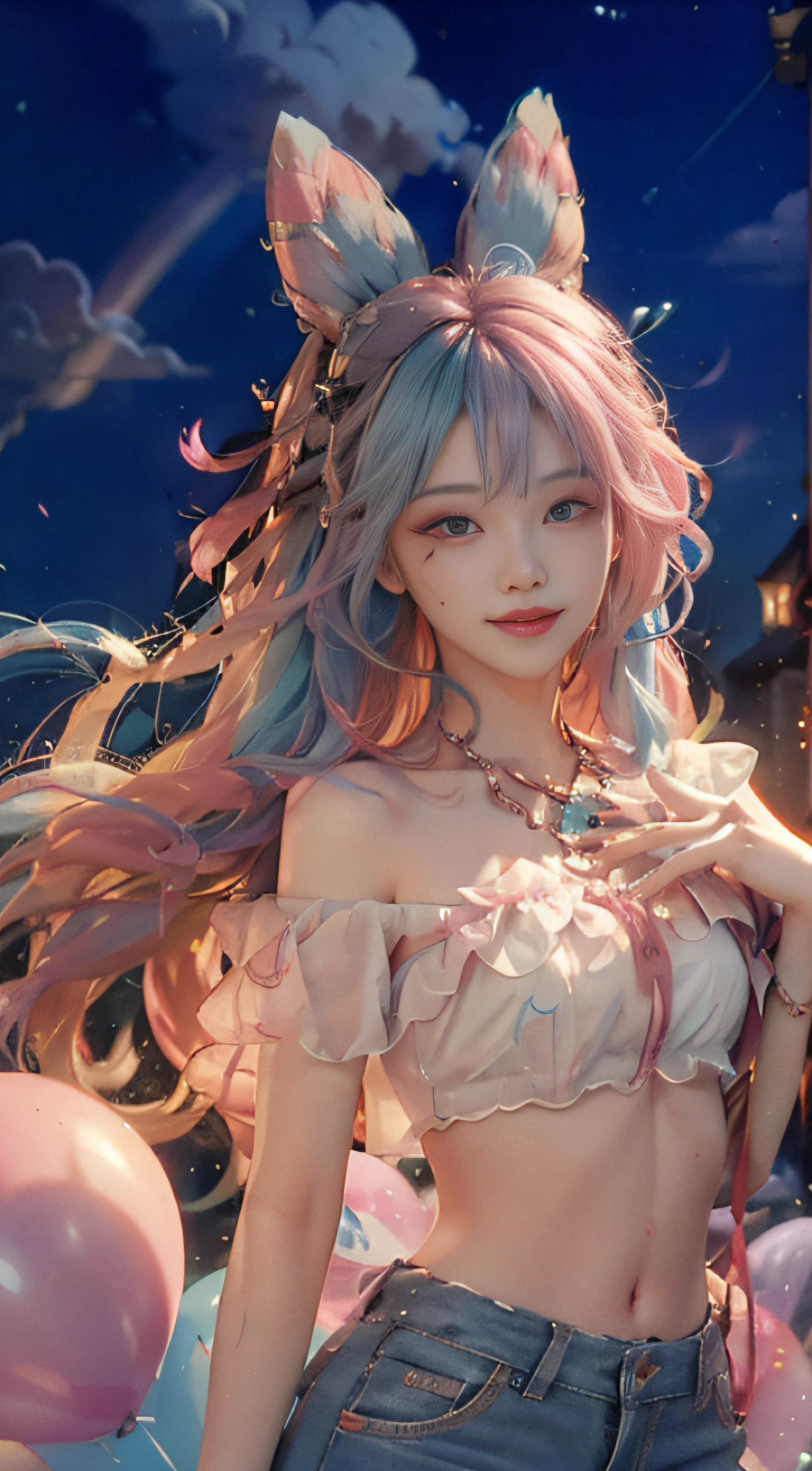 ((bust photo)), ((beautiful detailed face))), ((straight hair)), ((smile)), (gradient eyes)), ((white cloud background)), ((chest reduction)), ((shorts)), ((high saturation)), (balloons)), (dynamic angle)), ((city)), ((night)), ((outdoor), (highly detailed face and skin texture)), ((double eyelids)), ((whitening skin)), ((magazine cover)), (Close-up: 1.1), (Bauhaus, shapes, lines, abstraction: 1.1), (rainbow hair, colorful hair, half blue and half pink hair: 1.2), soap bubbles, floating in the sky, bright, happy, funny, soft lights,