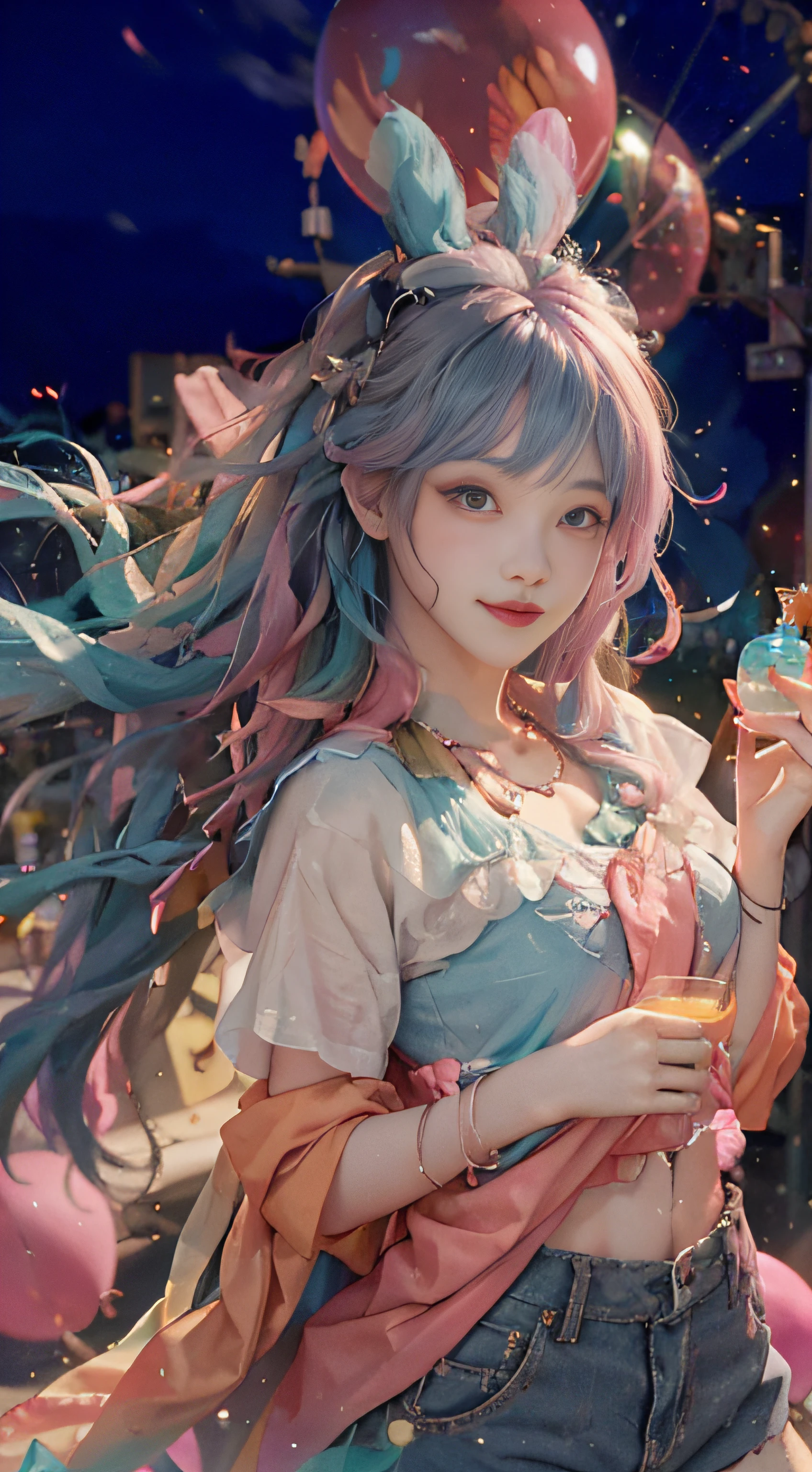 ((bust photo)), ((beautiful detailed face))), ((straight hair)), ((smile)), (gradient eyes)), ((white cloud background)), ((chest reduction)), ((shorts)), ((high saturation)), (balloons)), (dynamic angle)), ((city)), ((night)), ((outdoor), (highly detailed face and skin texture)), ((double eyelids)), ((whitening skin)), ((magazine cover)), (Close-up: 1.1), (Bauhaus, shapes, lines, abstraction: 1.1), (rainbow hair, colorful hair, half blue and half pink hair: 1.2), soap bubbles, floating in the sky, bright, happy, funny, soft lights,