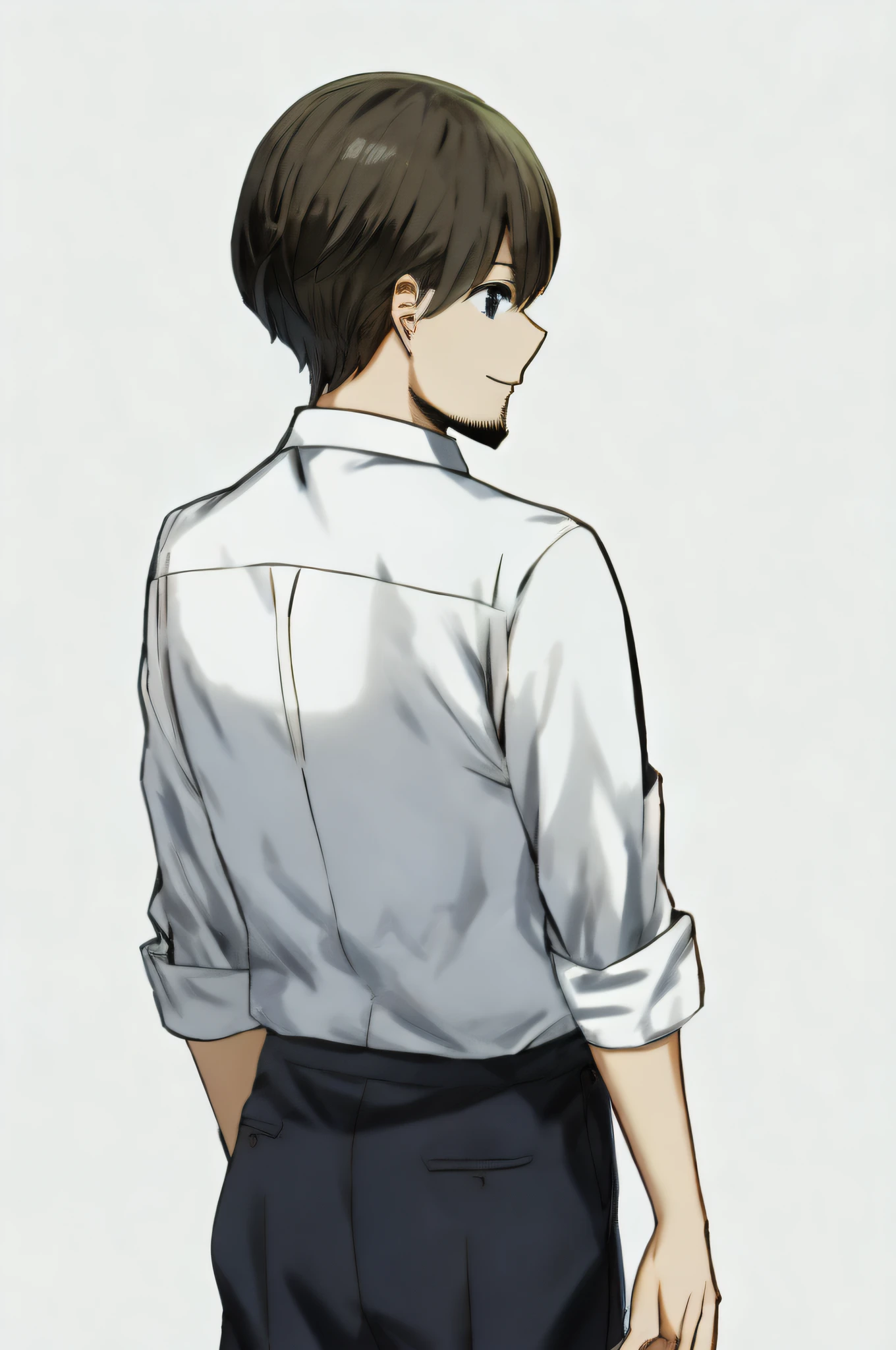 Bangs、By Sky Freedom、1 boy、独奏、White collar shirt、Sorrisos、Bold contours、simple back ground、Anatomy、Upper bust、beard、Uncle