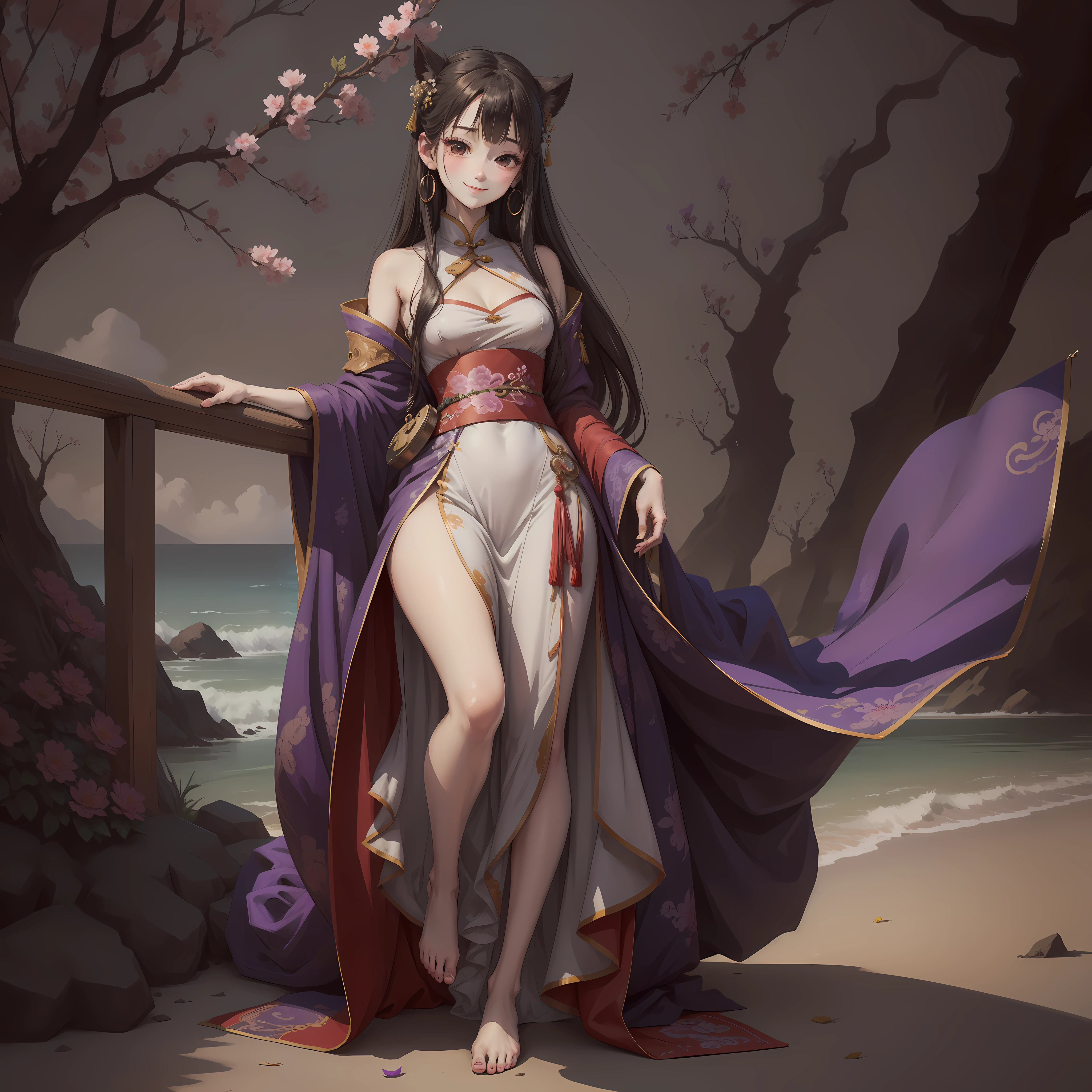 ((4K,master-piece,Best quality)), shuimobysim, Traditional chinese painting, ink, Hanfu, maxiskit, Dress conservatively 1girl, 独奏,Long purple hair, smiled, Side leaning, A smile, barefeet,Sea of flowers,starsky ,Perfect body proportions,Perfect limbs
