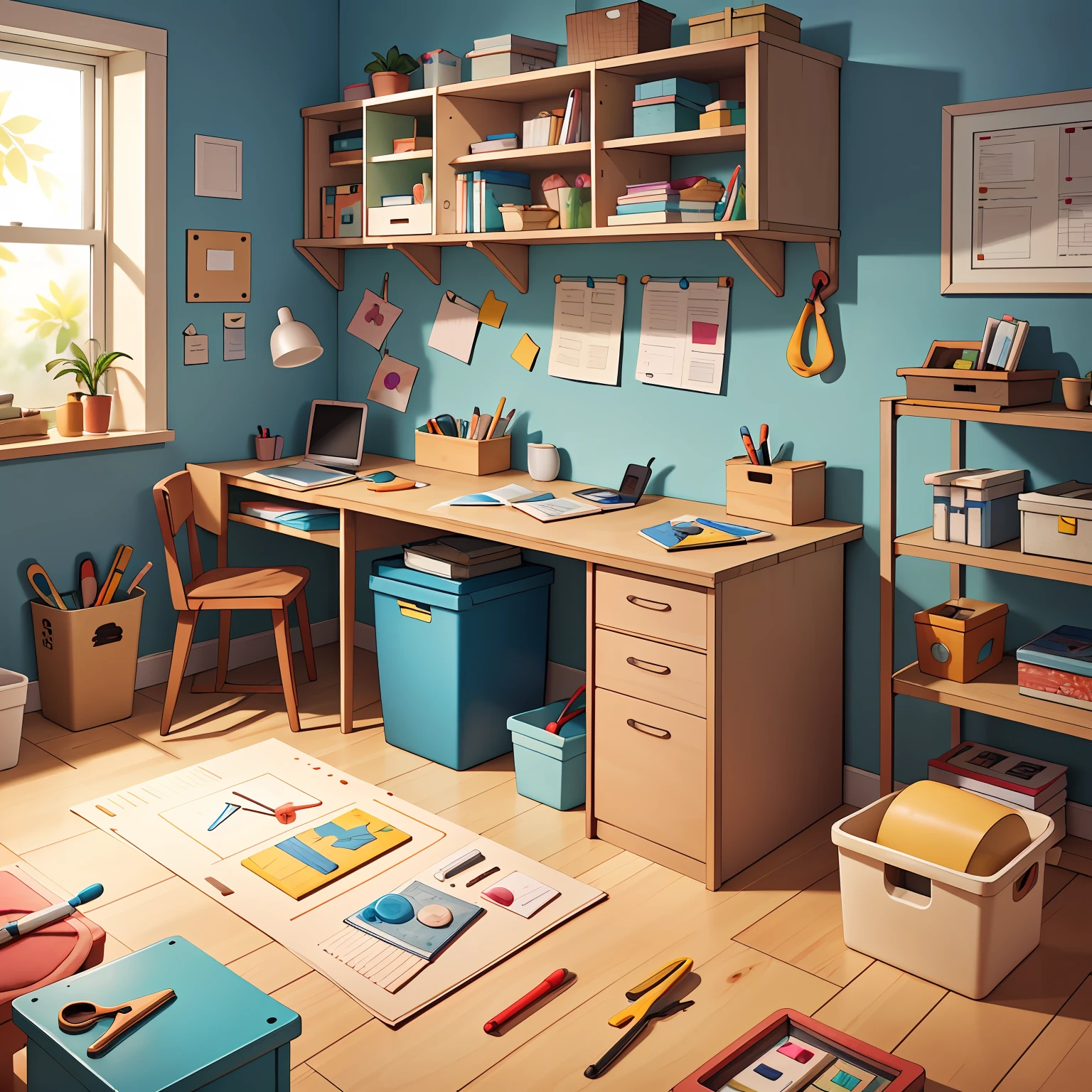 A garage converted into a creative and safe space designed for children to explore their imagination and develop practical skills through DIY projects. This workshop is a place where children can learn to build, create, and repair things using age-appropriate tools. Upon entering you can see a cheerful and organized atmosphere. The walls are painted in vibrant colors, and there are shelves and cabinets filled with materials and tools suitable for children. Workstations are distributed throughout the workshop, each equipped with DIY tools tailored to the children's abilities and abilities. In one corner of the workshop, there is a work table with basic tools such as hammers, screwdrivers, pliers and small tape measures. This is where children can learn to build simple structures, such as birdhouses, photo frames, or small shelves. Materials such as wood, nails, glue and safe paint are provided for children to unleash their creativity. In another area of the workshop, there is an art station where children can work on more creative projects. There are tables covered with paper for drawing and painting, as well as shelves filled with paints, brushes, crayons, secure scissors and colored paper. Here, children can explore different artistic techniques and create their own masterpieces.
In addition, there is an area dedicated to basic electronics projects, where children can learn about simple circuits and how to make lights or small devices work. Electronics kits designed specifically for children are provided, with safe and easy-to-assemble components. The garage also features a storage area for ongoing projects and larger tools. Shelves and drawers are labeled and organized for easy access and order.