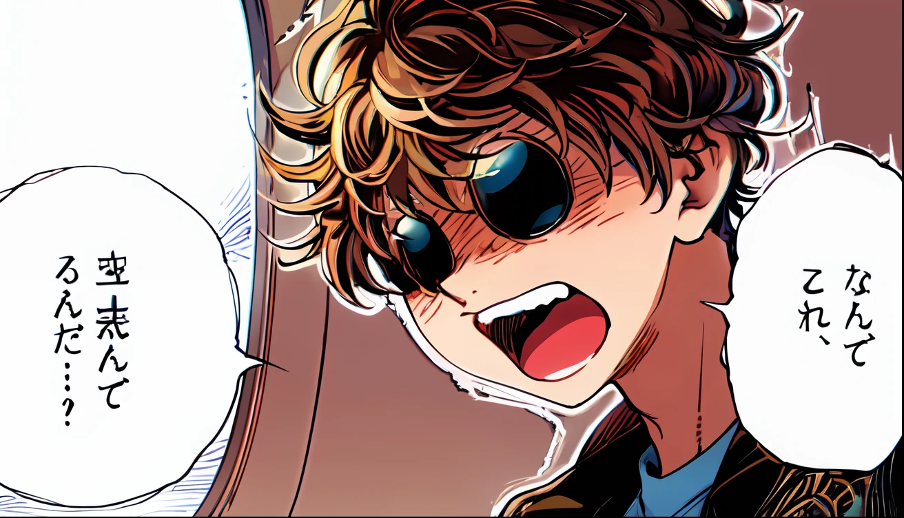 a anime of a man with a brown hair, black jacket, text bubble speech, chills, fear, on the plane, phobia, white eyes, color manga, manga color, color manga, color manga panel, simple background