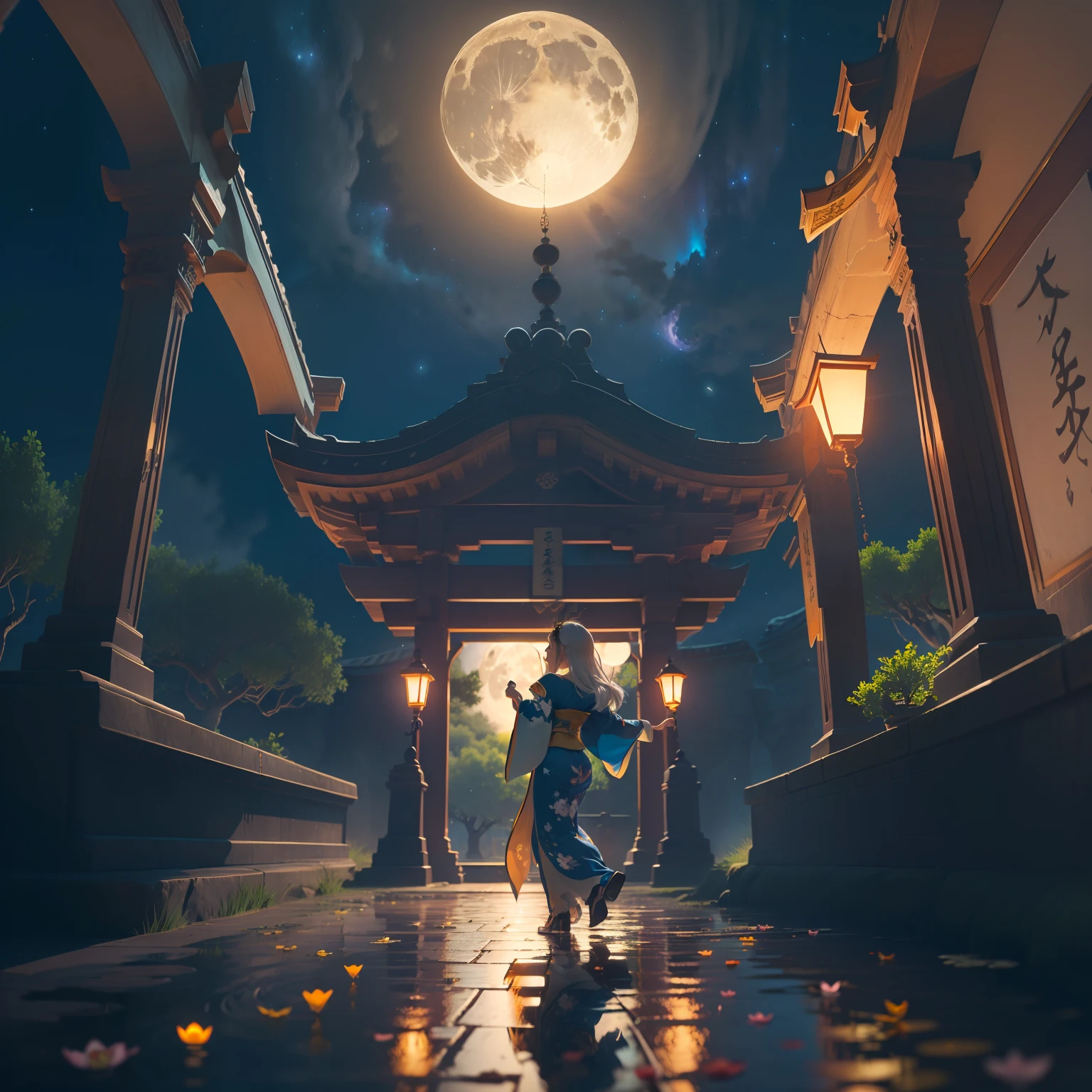 Open landscape , Landscape , Panorama shot , (Looking up, Looking down), Shrine maiden looking up, (Full moon: 1. 2), (Shooting star: 0. 9), (Nebula: 1. 3), Starry sky, Shining lantern, Fantastic cherry blossom tree, Trees, (Warm light source: 1. 2), (Firefly: 1. 2), Lamp 3), Starry sky, Torii gate, (Warm light source: 1. 2), ( (Firefly: 1. 2), Lamp, Orange and Blue Fine Detail, (Masterpiece: 1. 2), (Best Quality), 4k, Ultra Fine Detail, (Dynamic Composite: 1. 2), (Best Quality), Lamp, Orange and Blue Voluminous Lighting Main Fine Detail BREAK ((Masterpiece: 1.2), (Best Quality), 4k, Ultra Fine Detail, (Dynamic Composite: 1.4), Very Fine Detail, Colorful Detail, (Iridescent: 1. 2), (Luminous Lighting, Ambient Lighting), Dream like ( Ambient Lighting), dreamy, fantastic, (Solo: 1.2), sparkling, petals dancing, dancing light, white hair, beautiful hair, long hair, dancing hair, back view, puddle, dynamic pose, priestess outfit, priestess, red kimono