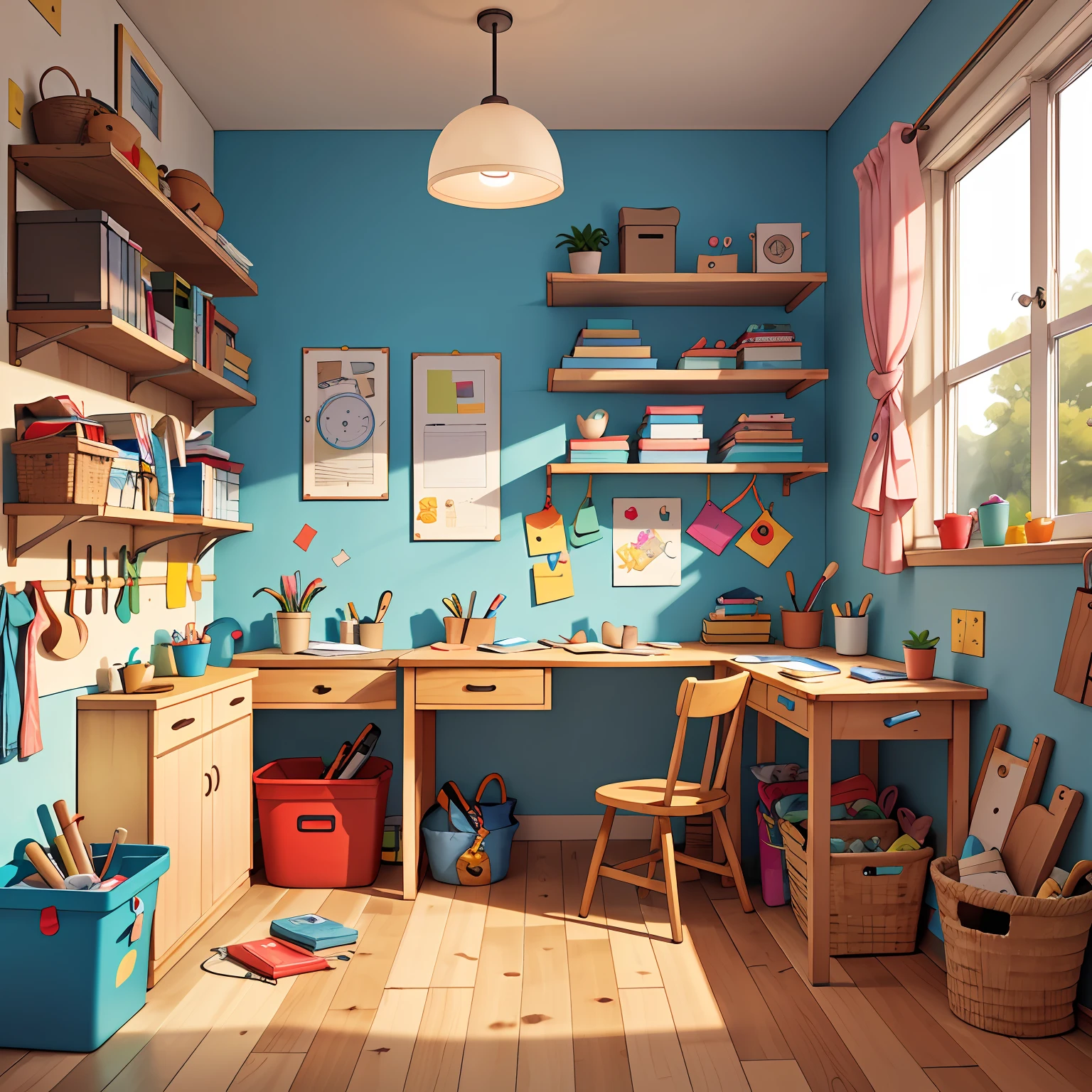 A garage converted into a creative and safe space designed for children to explore their imagination and develop practical skills through DIY projects. This workshop is a place where children can learn to build, create, and repair things using age-appropriate tools.
Upon entering you can see a cheerful and organized atmosphere. The walls are painted in vibrant colors, and there are shelves and cabinets filled with materials and tools suitable for children. Workstations are distributed throughout the workshop, each equipped with DIY tools tailored to the children's abilities and abilities.
In one corner of the workshop, there is a work table with basic tools such as hammers, screwdrivers, pliers and small tape measures. This is where children can learn to build simple structures, such as birdhouses, photo frames, or small shelves. Materials such as wood, nails, glue and safe paint are provided for children to unleash their creativity.