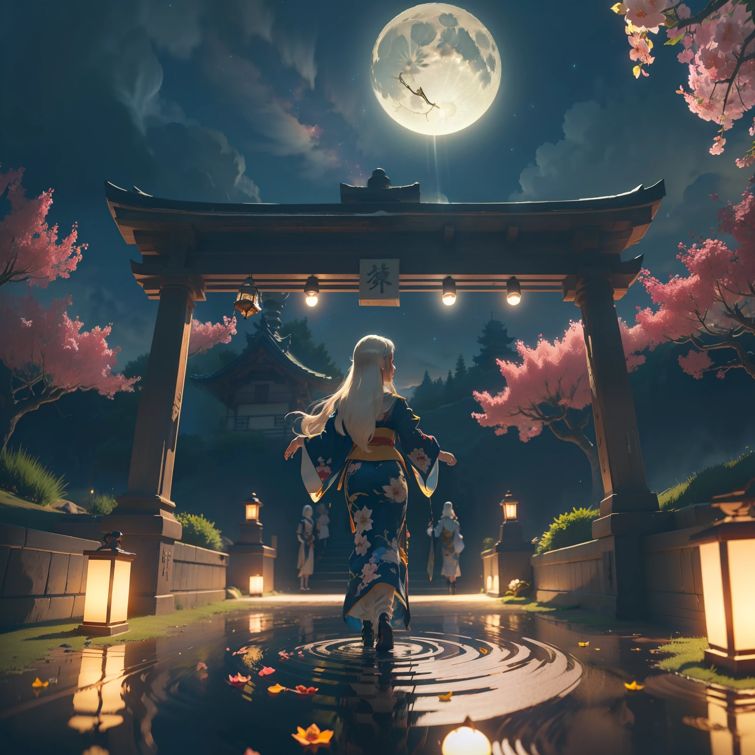 Open landscape , Landscape , Panorama shot , (Looking up, Looking down), Shrine maiden looking up, (Full moon: 1. 2), (Shooting star: 0. 9), (Nebula: 1. 3), Starry sky, Shining lantern, Fantastic cherry blossom tree, Trees, (Warm light source: 1. 2), (Firefly: 1. 2), Lamp 3), Starry sky, Torii gate, (Warm light source: 1. 2), ( (Firefly: 1. 2), Lamp, Orange and Blue Fine Detail, (Masterpiece: 1. 2), (Best Quality), 4k, Ultra Fine Detail, (Dynamic Composite: 1. 2), (Best Quality), Lamp, Orange and Blue Voluminous Lighting Main Fine Detail BREAK ((Masterpiece: 1.2), (Best Quality), 4k, Ultra Fine Detail, (Dynamic Composite: 1.4), Very Fine Detail, Colorful Detail, (Iridescent: 1. 2), (Luminous Lighting, Ambient Lighting), Dream like ( Ambient Lighting), dreamy, fantastic, (Solo: 1.2), sparkling, petals dancing, dancing light, white hair, beautiful hair, long hair, dancing hair, back view, puddle, dynamic pose, priestess outfit, priestess, red kimono