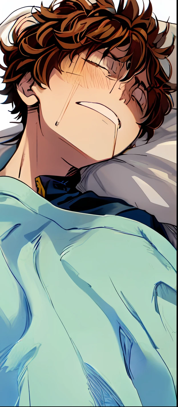 a anime of a man with a brown hair, chills, fear, phobia, pain, sleep, blanket, drool, color manga, manga color, color manga, color manga panel, simple background