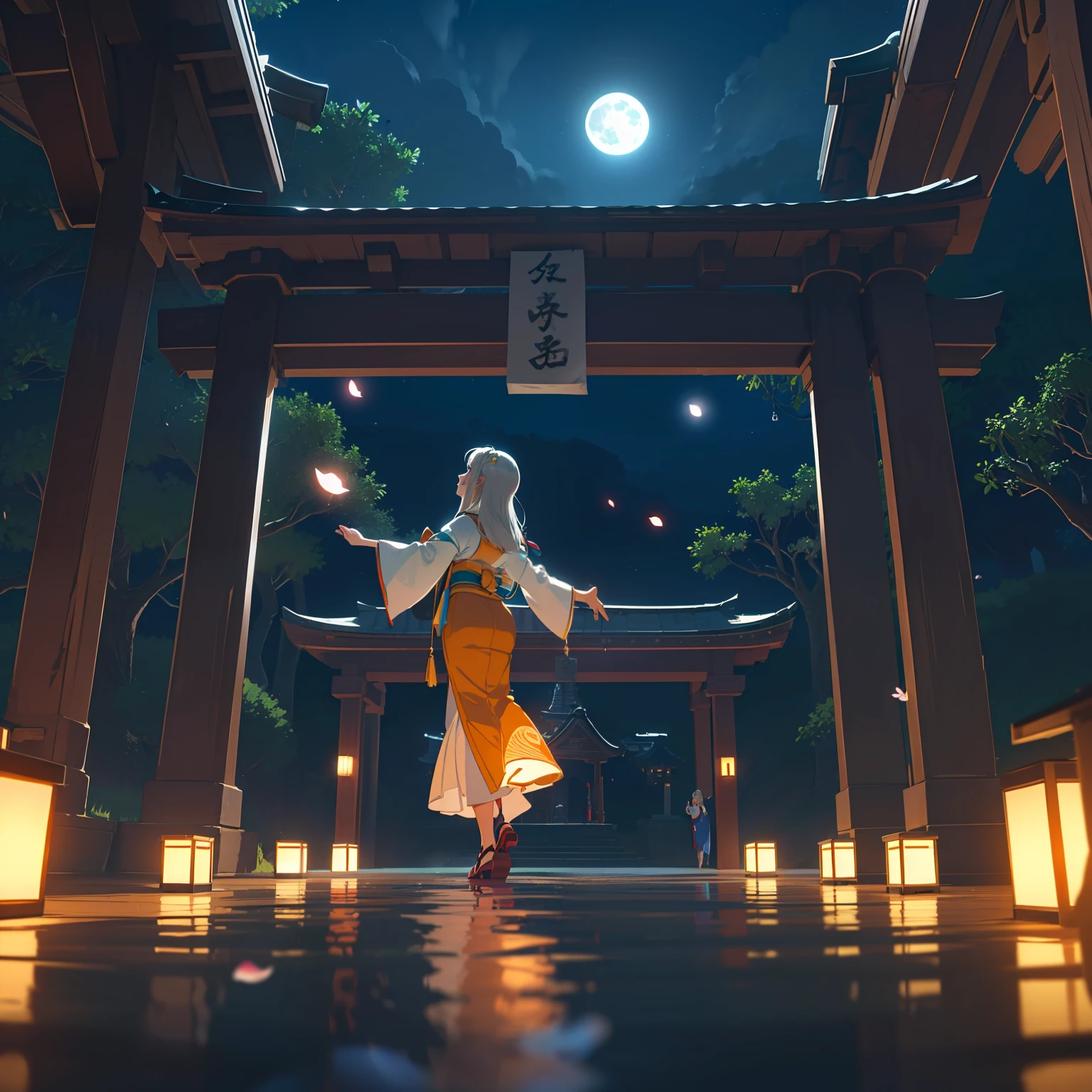 Open landscape , Landscape , Panorama shot , (Looking up, Looking down), Shrine maiden looking up, (Full moon: 1. 2), (Shooting star: 0. 9), (Nebula: 1. 3), Starry sky, Shining lantern, Fantastic cherry blossom tree, Trees, (Warm light source: 1. 2), (Firefly: 1. 2), Lamp 3), Starry sky, Torii gate, (Warm light source: 1. 2), ( (Firefly: 1. 2), Lamp, Orange and Blue Fine Detail, (Masterpiece: 1. 2), (Best Quality), 4k, Ultra Fine Detail, (Dynamic Composite: 1. 2), (Best Quality), Lamp, Orange and Blue Voluminous Lighting Main Fine Detail BREAK ((Masterpiece: 1.2), (Best Quality), 4k, Ultra Fine Detail, (Dynamic Composite: 1.4), Very Fine Detail, Colorful Detail, (Iridescent: 1. 2), (Luminous Lighting, Ambient Lighting), Dream like ( Ambient Lighting), dreamy, fantastic, (Solo: 1.2), sparkling, petals dancing, dancing light, white hair, beautiful hair, long hair, dancing hair, back view, puddle, dynamic pose, priestess outfit, priestess, red kimono