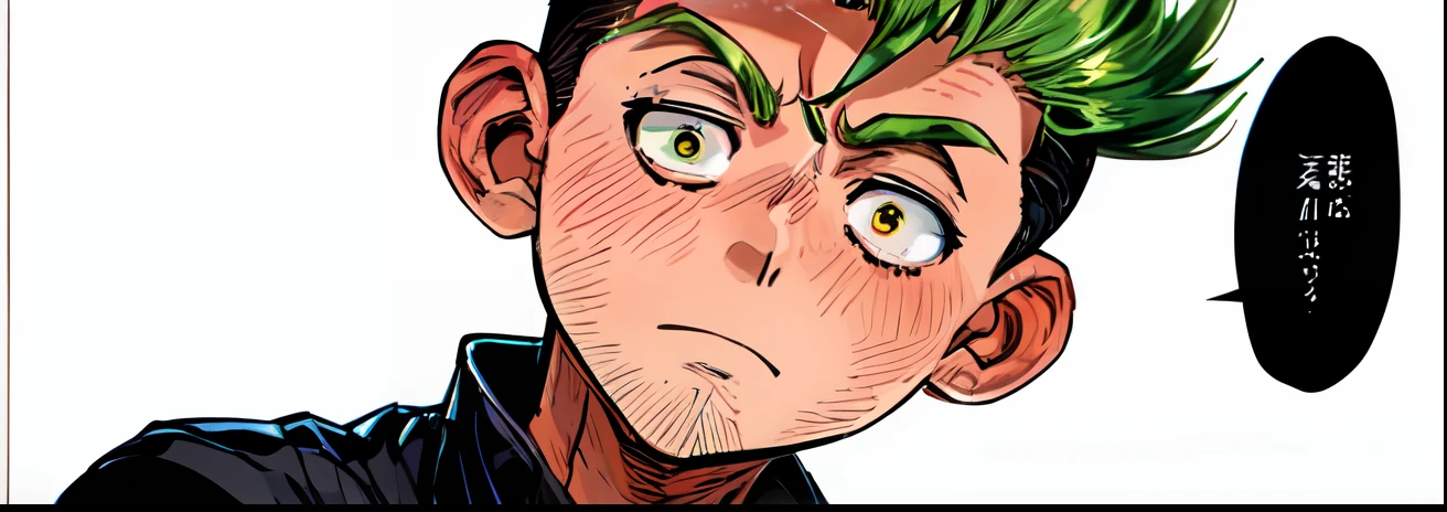 black and olivedrab hair color, a boy with a mohawk, black jacket, color manga, manga color, color manga, color manga panel, simple background, a white background