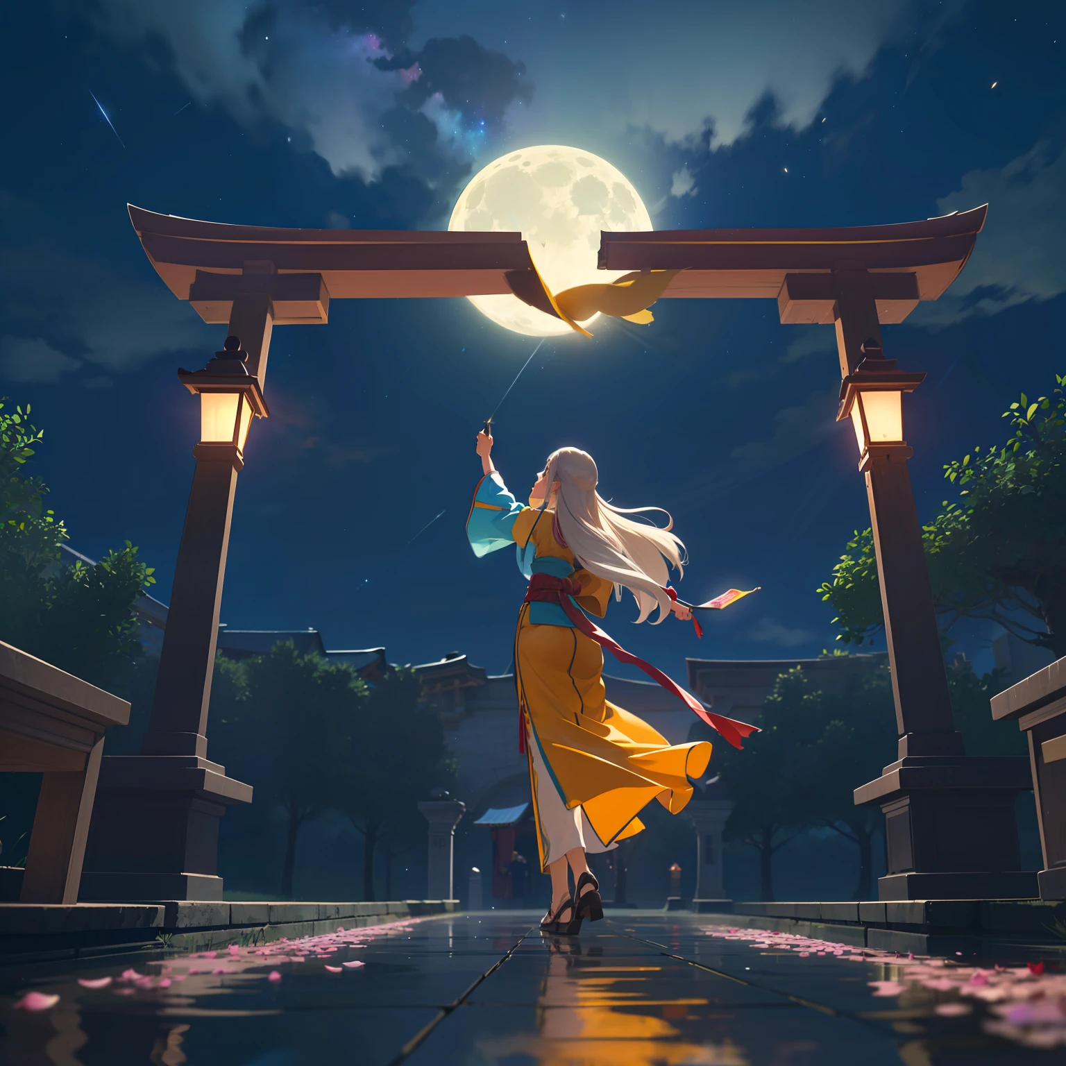 Open landscape , Landscape , Panorama shot , (Looking up, Looking down), Shrine maiden looking up, (Full moon: 1. 2), (Shooting star: 0. 9), (Nebula: 1. 3), Starry sky, Shining lantern, Fantastic cherry blossom tree, Trees, (Warm light source: 1. 2), (Firefly: 1. 2), Lamp 3), Starry sky, Torii gate, (Warm light source: 1. 2), ( (Firefly: 1. 2), Lamp, Orange and Blue Fine Detail, (Masterpiece: 1. 2), (Best Quality), 4k, Ultra Fine Detail, (Dynamic Composite: 1. 2), (Best Quality), Lamp, Orange and Blue Voluminous Lighting Main Fine Detail BREAK ((Masterpiece: 1.2), (Best Quality), 4k, Ultra Fine Detail, (Dynamic Composite: 1.4), Very Fine Detail, Colorful Detail, (Iridescent: 1. 2), (Luminous Lighting, Ambient Lighting), Dream like ( Ambient Lighting), dreamy, fantastic, (Solo: 1.2), sparkling, petals dancing, dancing light, white hair, beautiful hair, long hair, dancing hair, back view, puddle, dynamic pose, priestess outfit, priestess, red kimono