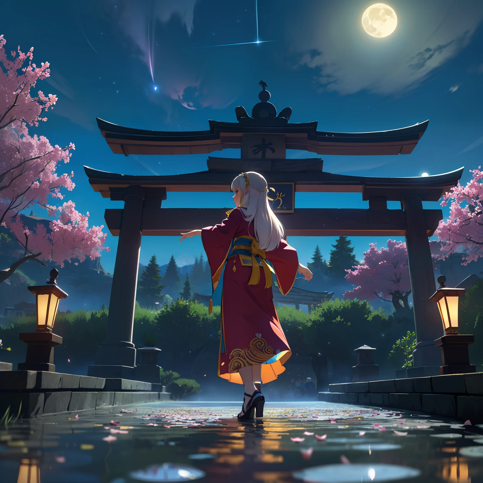 Open landscape , Landscape , Panorama shot , (Looking up, Looking down), Shrine maiden looking up, (Full moon: 1. 2), (Shooting star: 0. 9), (Nebula: 1. 3), Starry sky, Shining lantern, Fantastic cherry blossom tree, Trees, (Warm light source: 1. 2), (Firefly: 1. 2), Lamp 3), Starry sky, Torii gate, (Warm light source: 1. 2), ( (Firefly: 1. 2), Lamp, Orange and Blue Fine Detail, (Masterpiece: 1. 2), (Best Quality), 4k, Ultra Fine Detail, (Dynamic Composite: 1. 2), (Best Quality), Lamp, Orange and Blue Voluminous Lighting Main Fine Detail BREAK ((Masterpiece: 1.2), (Best Quality), 4k, Ultra Fine Detail, (Dynamic Composite: 1.4), Very Fine Detail, Colorful Detail, (Iridescent: 1. 2), (Luminous Lighting, Ambient Lighting), Dream like ( Ambient Lighting), dreamy, fantastic, (Solo: 1.2), sparkling, petals dancing, dancing light, white hair, beautiful hair, long hair, dancing hair, back view, puddle, dynamic pose, priestess outfit, priestess, red kimono