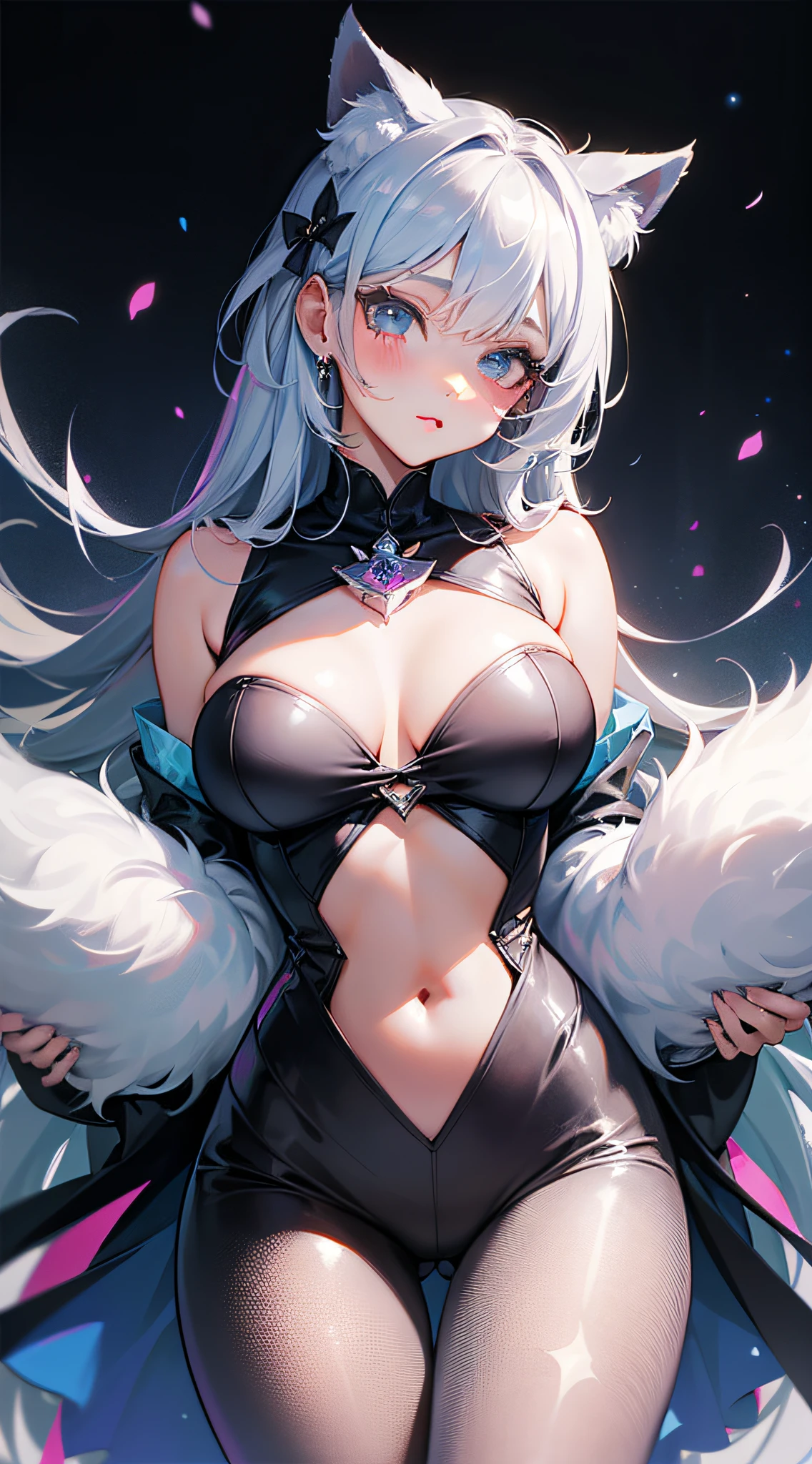 Obra maestra, Ultra detallado, 8k, La mejor calidad:1.6), 1girl, hermosa, (cara super tierna), ojos ultra hermosos, cabello ultra sexy, sexy, kawaii, gatita, ((ulzzang)), estrellas, corazones, (rosa), petite, (white), (leggings), (perfect and delicate hands, good anatomy, perfect anatomy)