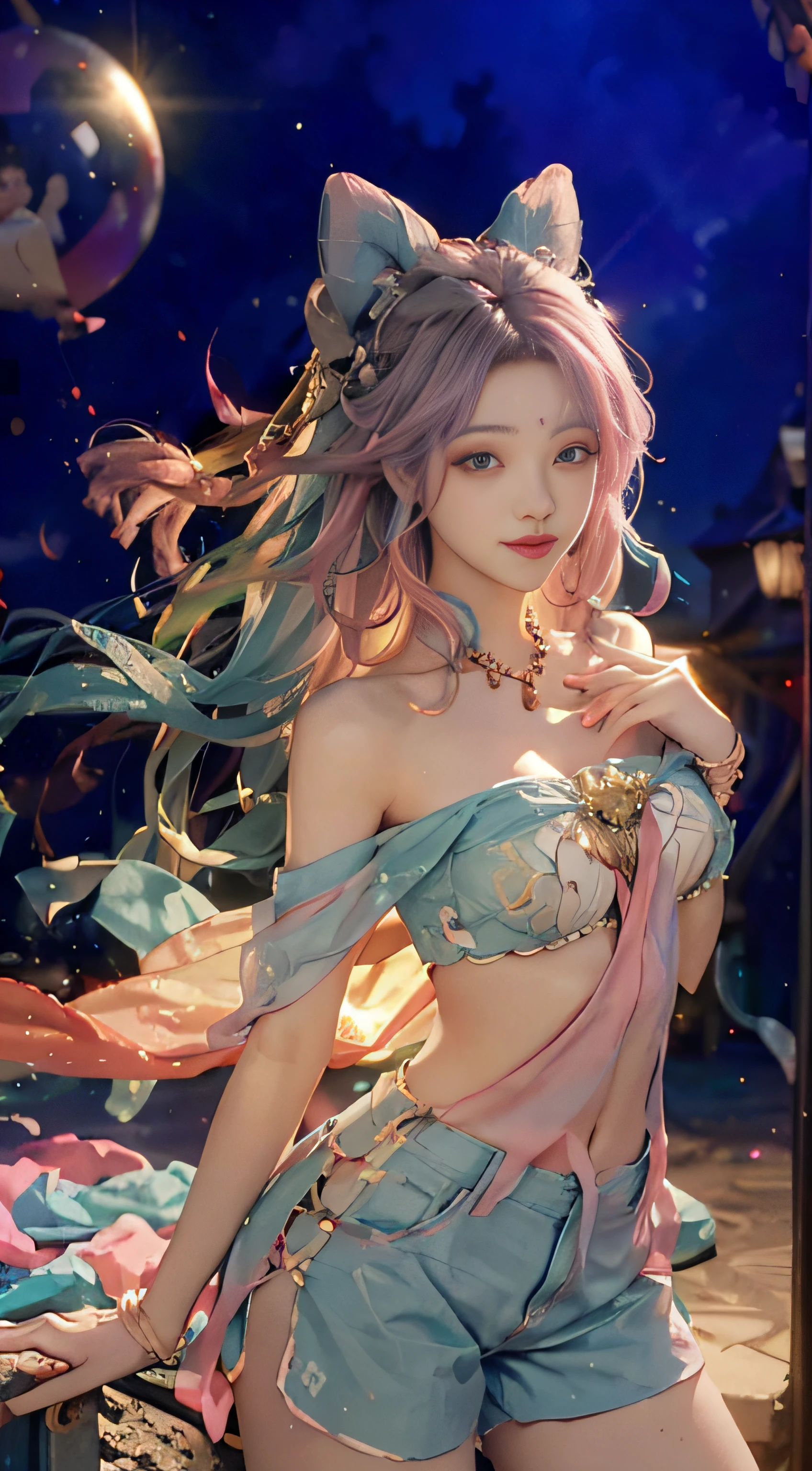 ((Bust Photo)), ((2 Arms)), (2 Legs)), ((Bare Shoulder)), (Seductive)), ((Glamorous)), (Beautiful Detailed Face))), ((Straight Hair)), ((Smiling)), (Gradient Eyes)), ((Cloud Background)), ((Chest Reduction)), ((Shorts)), ((High Saturation)), ((Balloon)), ((Dynamic Angle)), ((City)), ((Night)), ((Outdoor)), (Highly Detailed Face and Skin Texture) ), ((Double Eyelids)), ((Skin Whitening)), ((Magazine Cover)), (Close-up: 1.1), (Bauhaus, Shapes, Lines, Abstract: 1.1), (Rainbow Hair, Colorful Hair, Half Blue and Half Pink Hair: 1.2), (Bright Smile), Dreamland, Skyscraper, (Tree of Life), Swirl, Magic Array, Soap Bubble, Floating in the Sky, Bright, Happy, Funny, Soft Light, Mean,