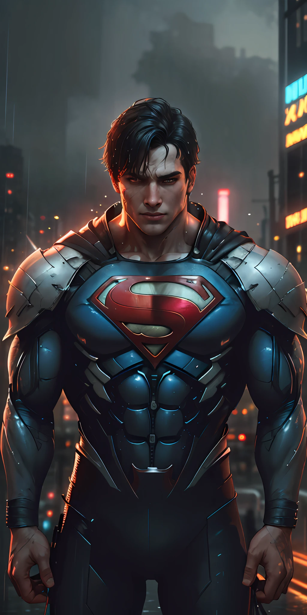 Superman high-tech stands imposing in a raining cyberpunk city. Neon highlights your muscles, rain and scars. The scenery is lush and mysterious rain, with rain and surroundings. The camera details everything. neon lights, rain