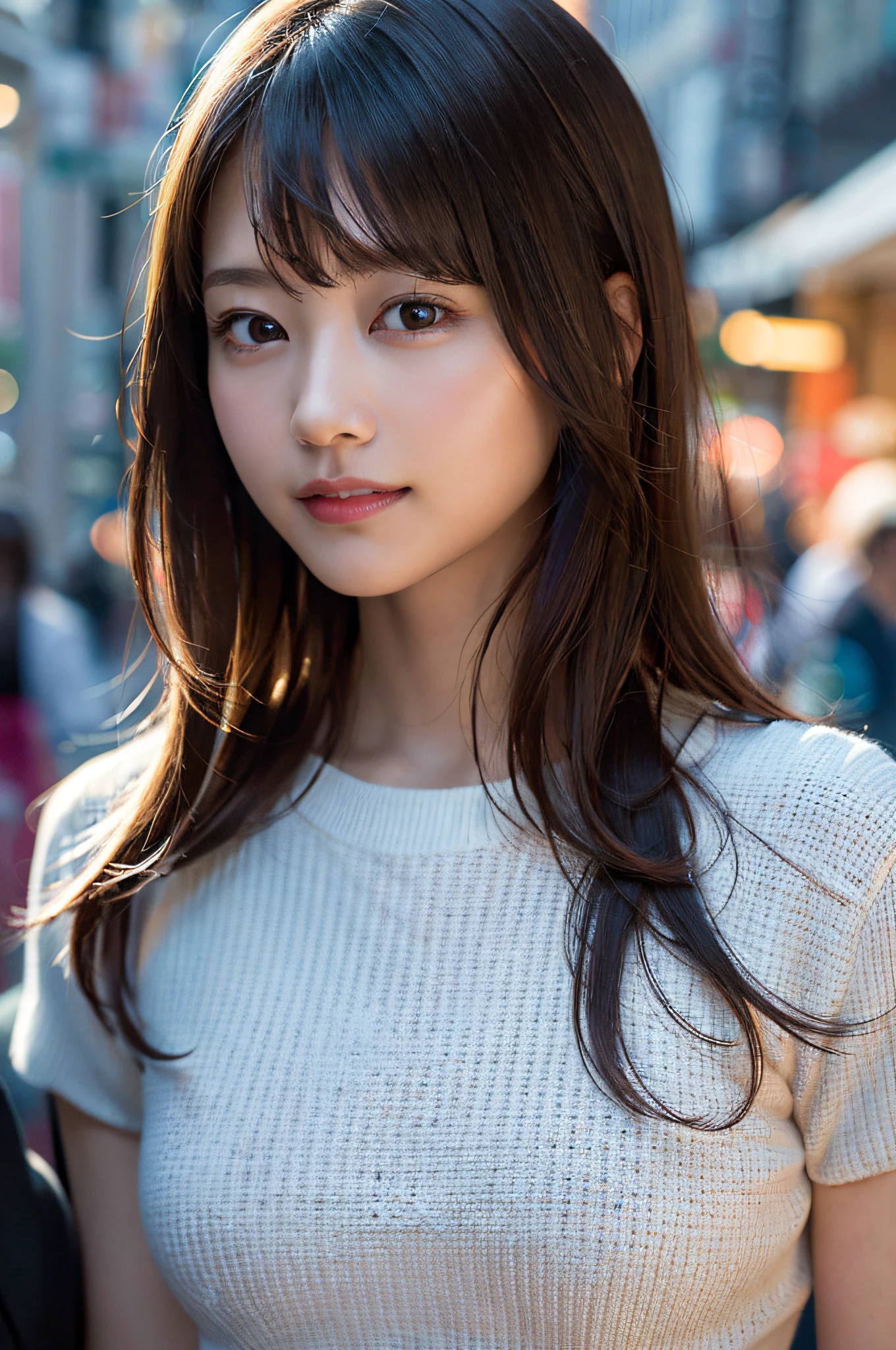 (8k, RAW photo, best quality, masterpiece:1.2), (realistic, photo-realistic:1.37), ultra-detailed, ultra high res,1 girl,looking at viewer,beautiful detailed face,smile,narrow,(slim waist:1.3),shirt, beautiful detailed skin, skin texture, floating hair,professional lighting,