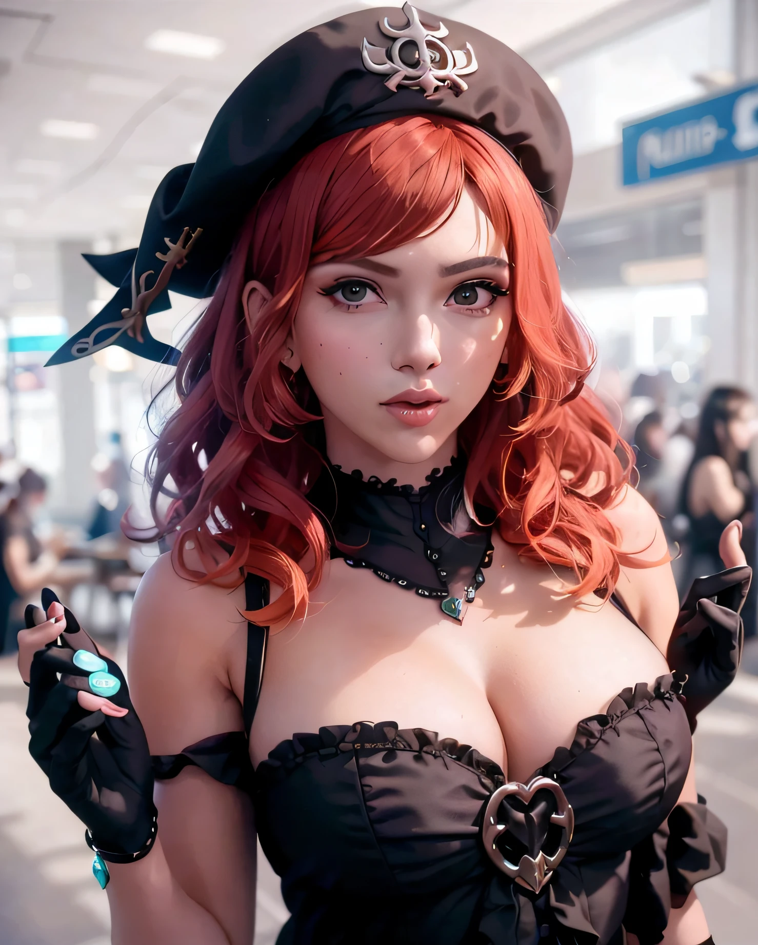 (highly detailed body, highly detailed face, best quality:1.2) ,Garota pirata no espartilho preto e branco com cabelo vermelho, Amouranth, mais conhecido como Amouranth, Miss Fortune League of Legends, rainha pirata, Cosplay glamouroso, linda Delphine, amouranth as a super villain, Miss Fortuna, jovem Amouranth bonito, com longos cabelos ruivos, with pale skin, com cabelos ruivos, Cosplay realista ,