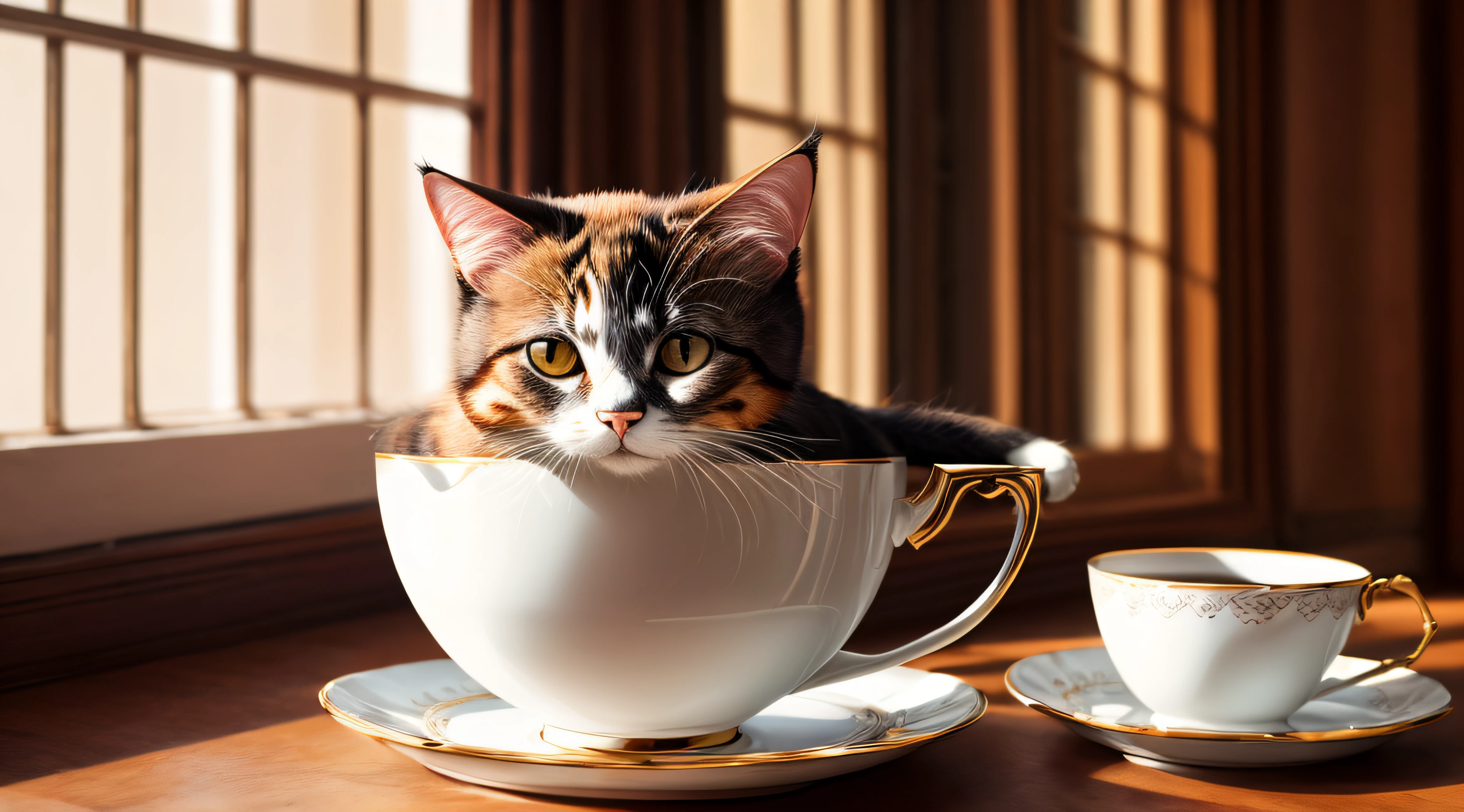Cat, (Himalayan), (Small)))), in a teacup, Face, Front paws out, 8K, Professional photo, Delicate, Clear, On the table, Inside the house, Sunshine, Light Leak, Masterpiece, ((Pretty))), Fashionable Teacup, (Reality), Plush Toy, Round Pupils --auto