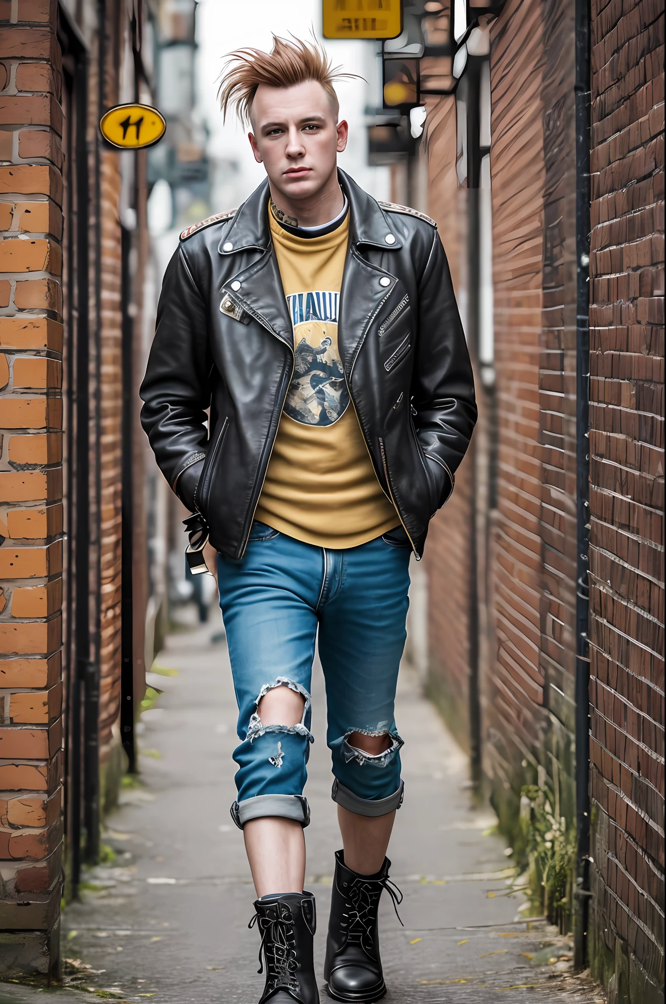A young man, Pancrocker, 1970year, Informal, subculture, , Street fashion, England, Get-together, leather jacket, pin, Iroquoise, Dr. Martins' boots, tattered clothes, Full Growth, A frenzied look, Johnny Rotten, 8k poster
