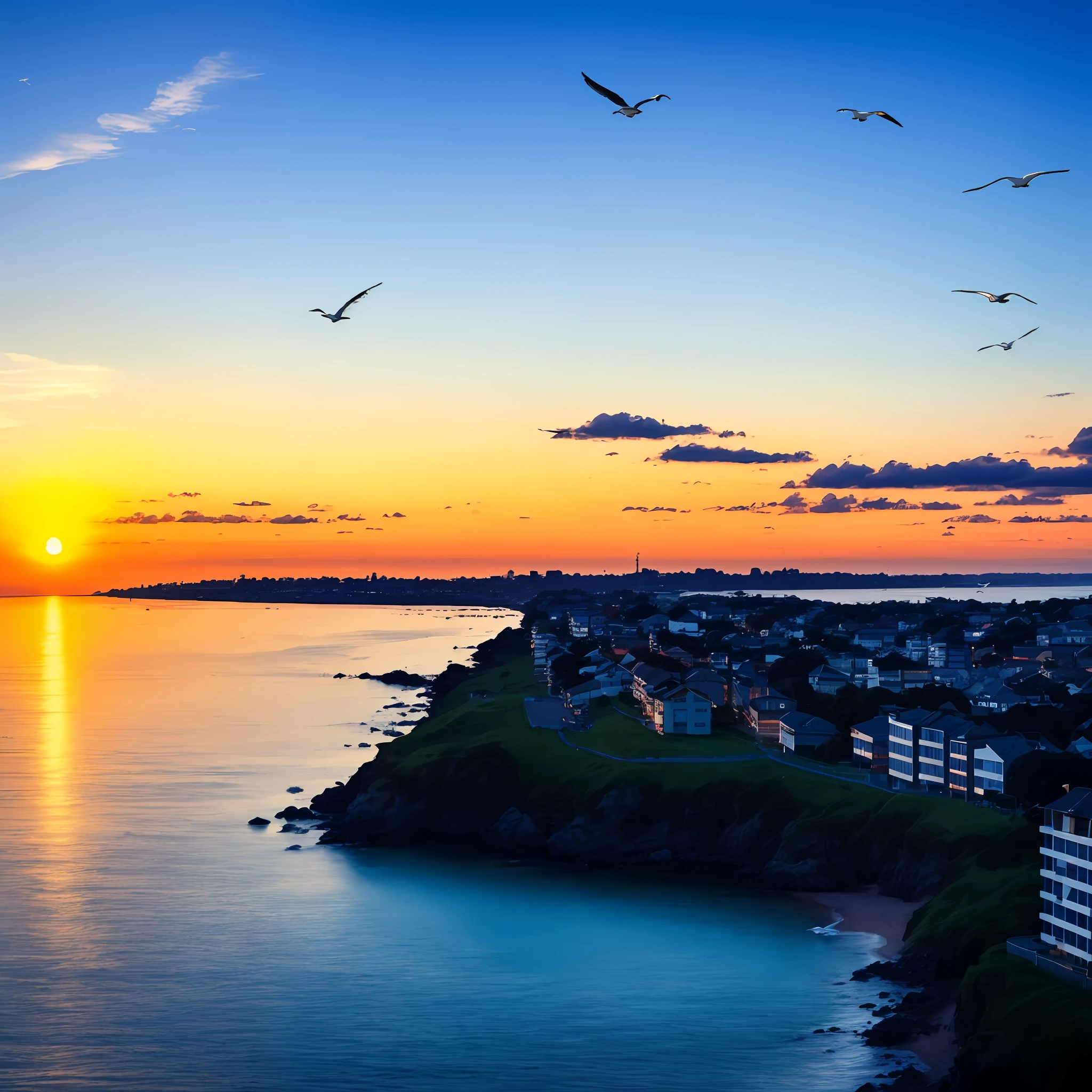the sea,Seagulls in the sky,dusk,Evening clouds,The golden sun rises in the distance,
sea waves,mew,Modern tall house in the distance