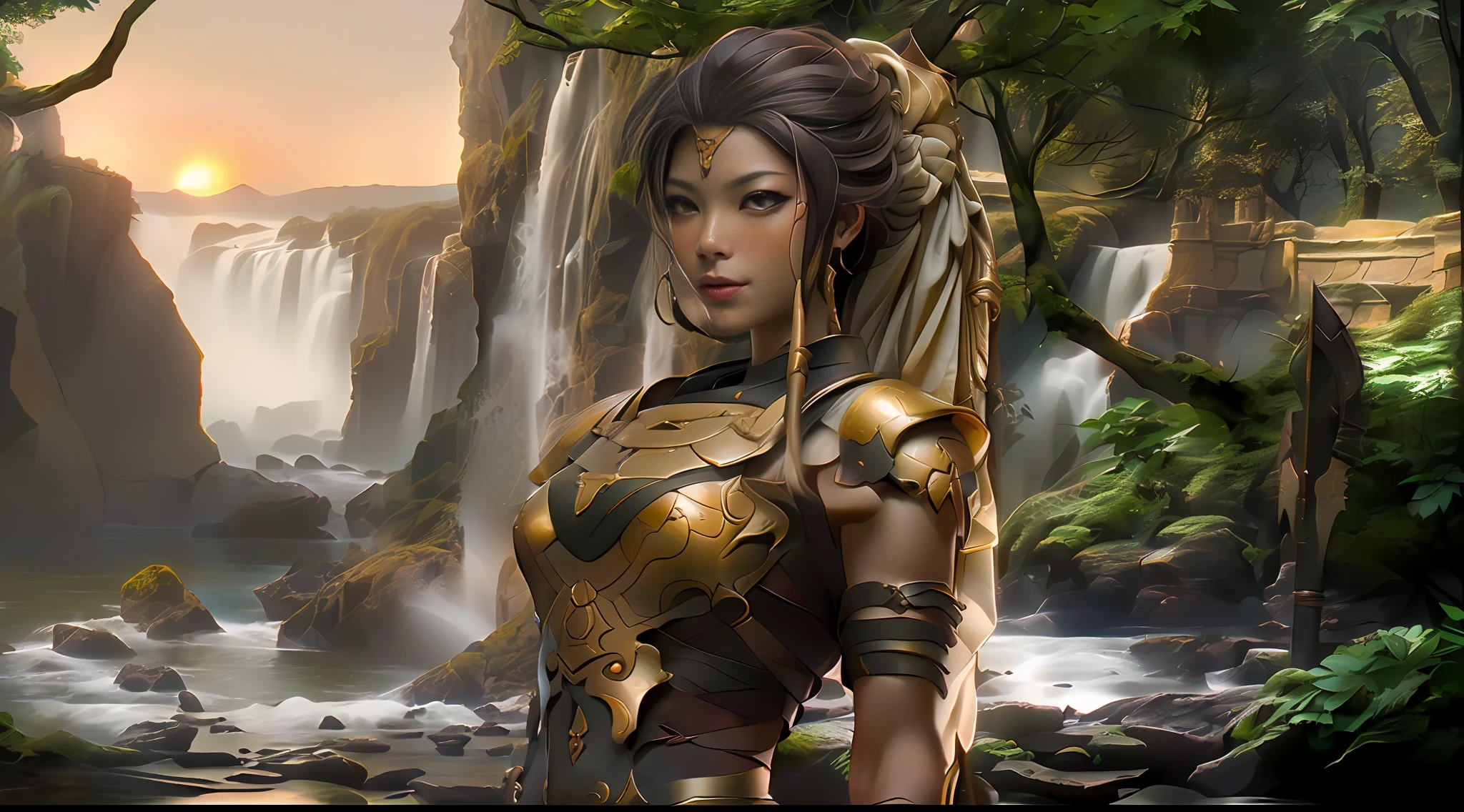 A brown-skinned goddess dressed in golden armor carries a spear in her right hand., sun set