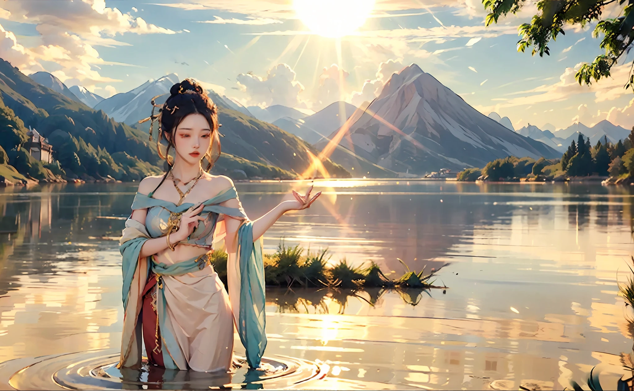 1 girl, serene expression, mesmerizing eyes, straight long hair, flowing dress, poised posture, porcelain skin, subtle blush, crystal pendant
BREAK
golden hour, (rim lighting):1.2, warm tones, sun flare, soft shadows, vibrant colors, painterly effect, dreamy atmosphere
BREAK
scenic lake, distant mountains, willow tree, calm water, reflection, sunlit clouds, peaceful ambiance, idyllic sunset, ultra detailed, official art, unity 8k wallpaper
, zentangle, mandala