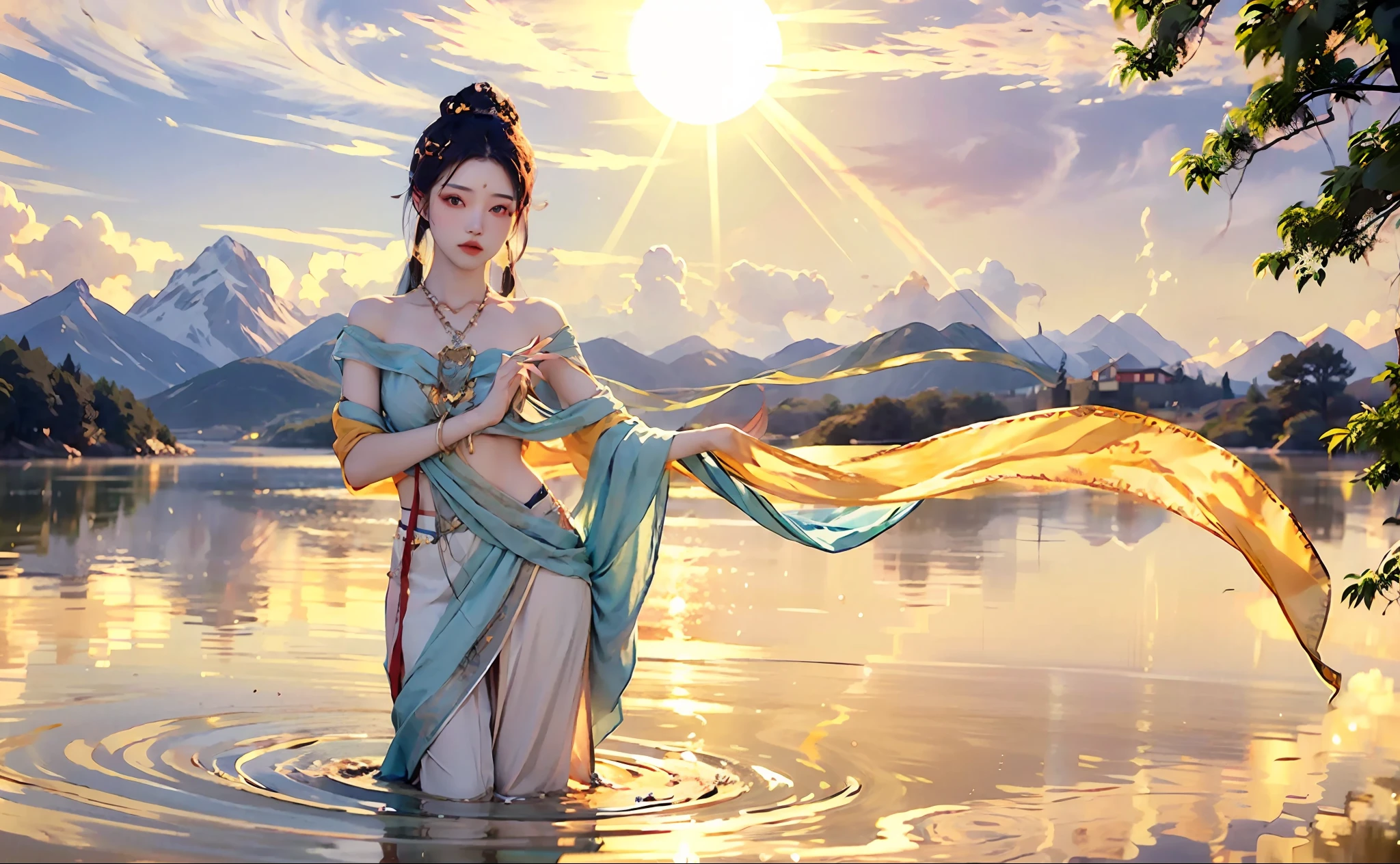 1 girl, serene expression, mesmerizing eyes, straight long hair, flowing dress, poised posture, porcelain skin, subtle blush, crystal pendant
BREAK
golden hour, (rim lighting):1.2, warm tones, sun flare, soft shadows, vibrant colors, painterly effect, dreamy atmosphere
BREAK
scenic lake, distant mountains, willow tree, calm water, reflection, sunlit clouds, peaceful ambiance, idyllic sunset, ultra detailed, official art, unity 8k wallpaper
, zentangle, mandala