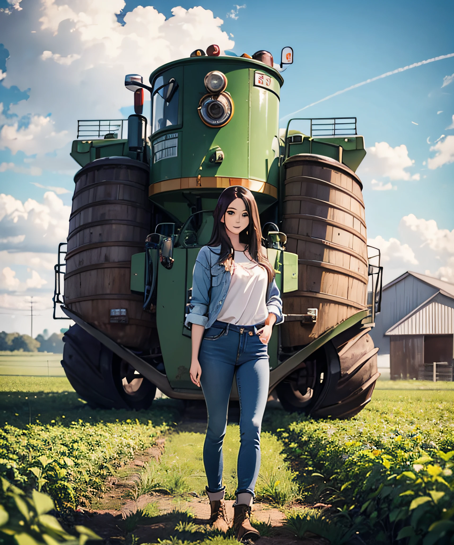 masterwork、Realstic、maximum quality、photorealestic、Vast plantation、Beautiful woman in jeans in country costume standing posing in front of a huge high-tech large agricultural machine parked in front of a barn、１８Age