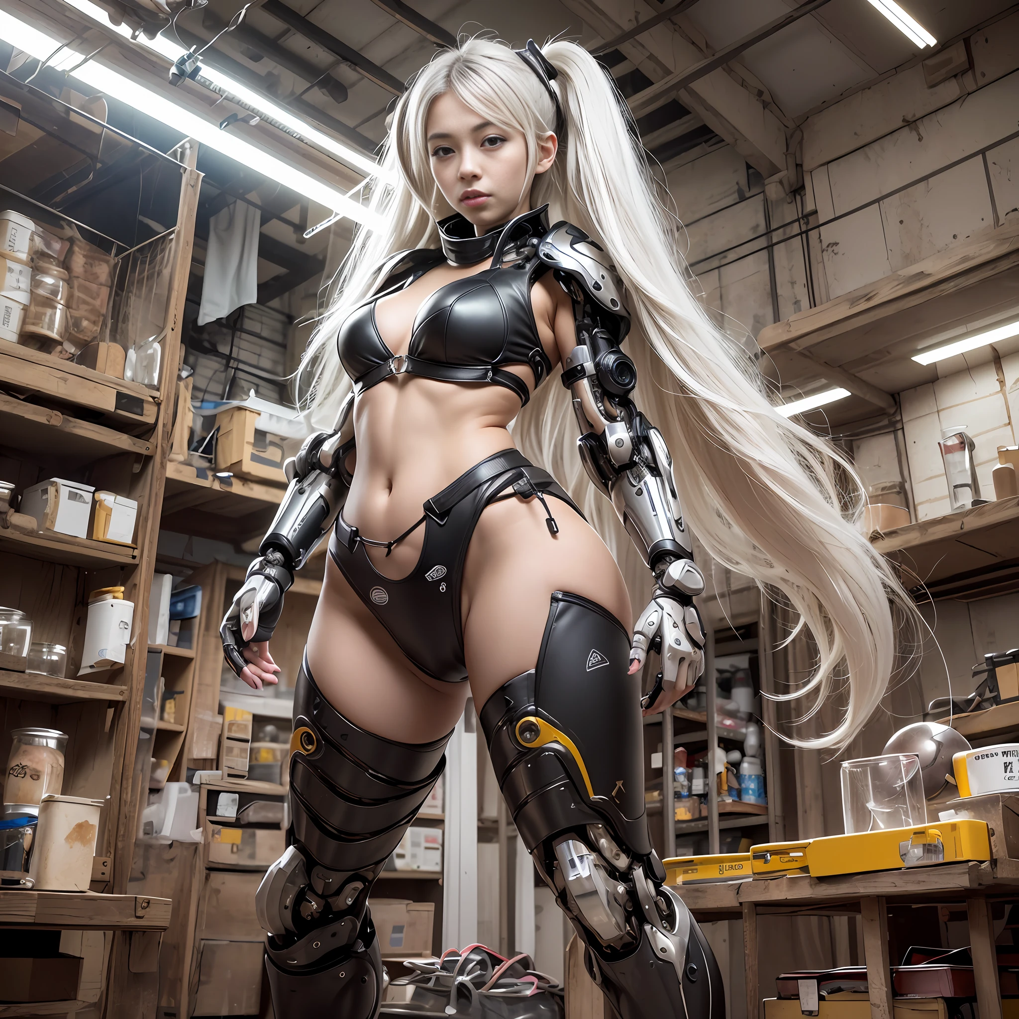 Beautiful Face,face is Japan, 1 Woman, Big, Curvaceous, (16k, RAW photo, top quality, masterpiece: 1.2), (HDR, Realistic, Photorealistic: 1.37) (tube attached to the body), (Bikini Cyborg robot parts)))), (light gray hair), Long hair, Wavy hair, Twin tails, Medium shot, ( Seductive smile)), (black eyes), double eyelids, princess cut, from below, (whole body),posing,,in the lab,( tube connected to blood vessel),((mechanical vertebrae attached to the back)),((mechanical neck attached to the neck)),(wire and cable attached to head and body),(character focus),science fiction,perfect female figure,perfect anatomy, hyperanatomy, full body shot, relationship between up to 4 fingers and 1 thumb, spherical joint,