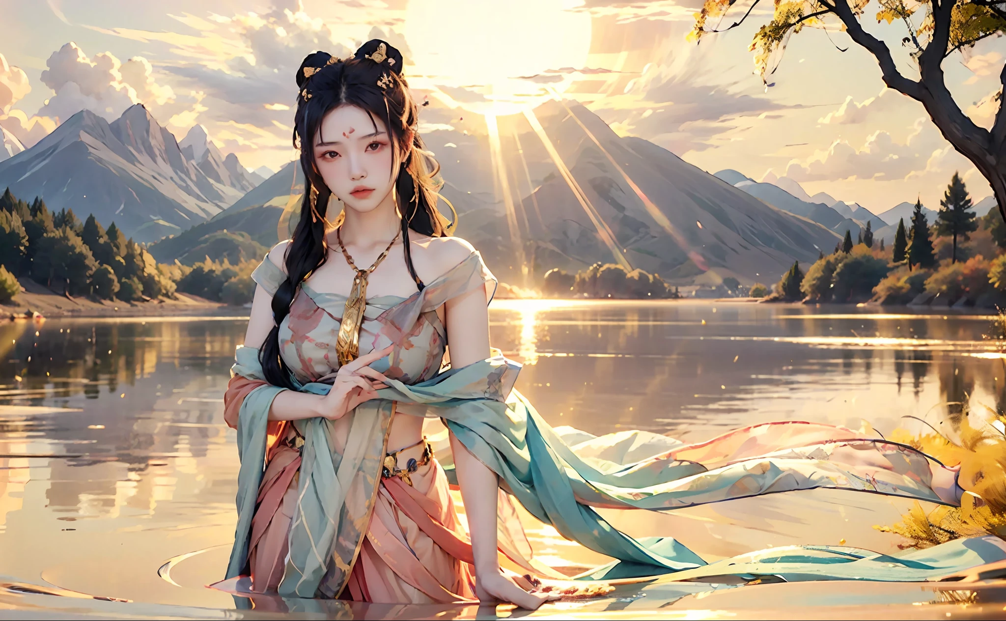 1 girl, serene expression, mesmerizing eyes, straight long hair, flowing dress, poised posture, porcelain skin, subtle blush, crystal pendant
BREAK
golden hour, (rim lighting):1.2, warm tones, sun flare, soft shadows, vibrant colors, painterly effect, dreamy atmosphere
BREAK
scenic lake, distant mountains, willow tree, calm water, reflection, sunlit clouds, peaceful ambiance, idyllic sunset, ultra detailed, official art, unity 8k wallpaper
, zentangle, mandala