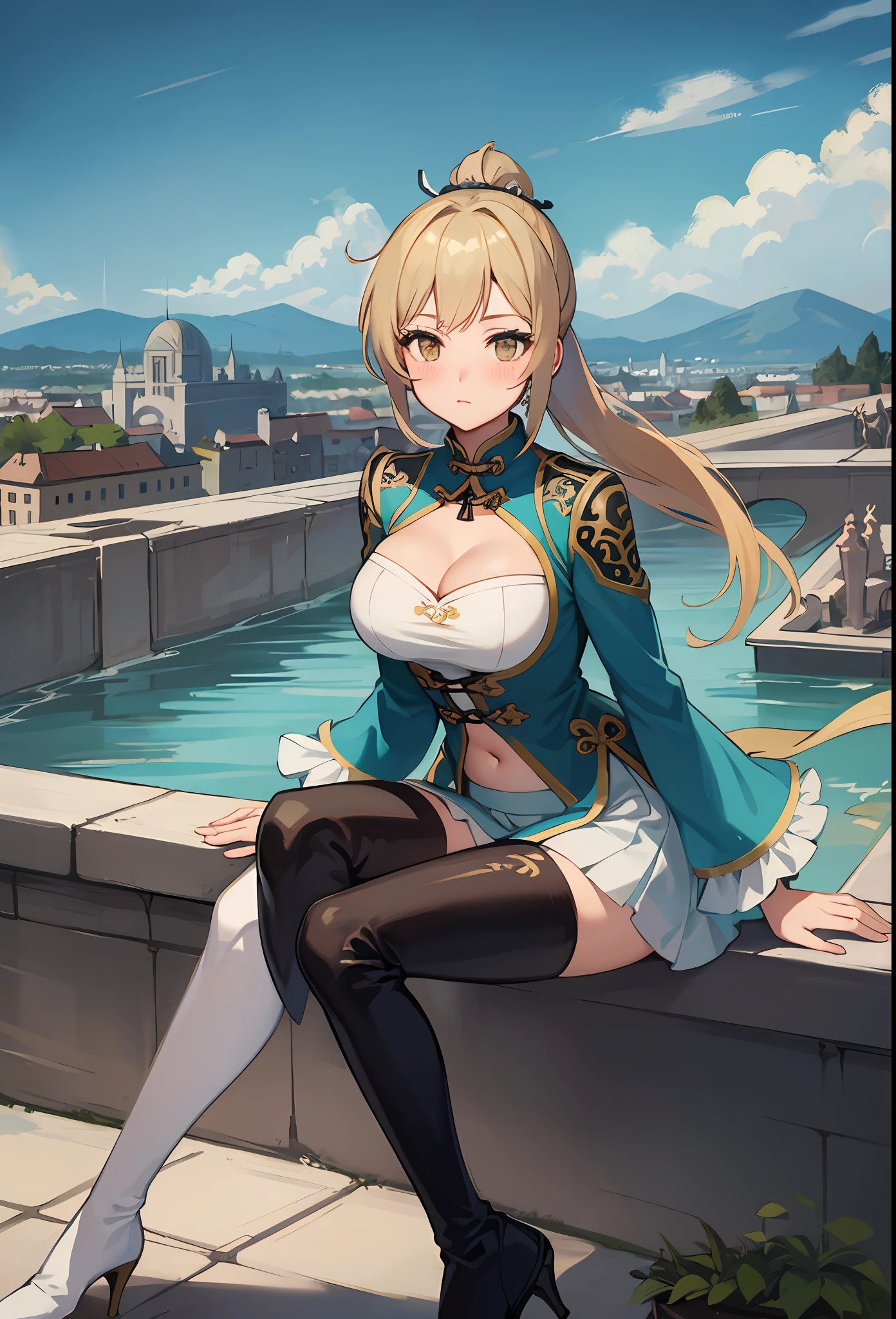 best quality, (masterpiece:1.2), illustration, absurdres,
(1girl, solo), (Chateau de Versailles, Pisa Baptistery Of St. John background, Flowers,navel,crowd),(beautiful detailed girl), (cute:0.4), 
Wang Yuanji, blonde hair, ponytail, brown eyes, large breasts, 
aqua dress, ornate dress, cleavage, aqua skirt, black thigh boots, thighhigh boots, high heels,
blush, looking at viewer, 
(chinese architecture background), 
sitting, cowboy shot, full body,