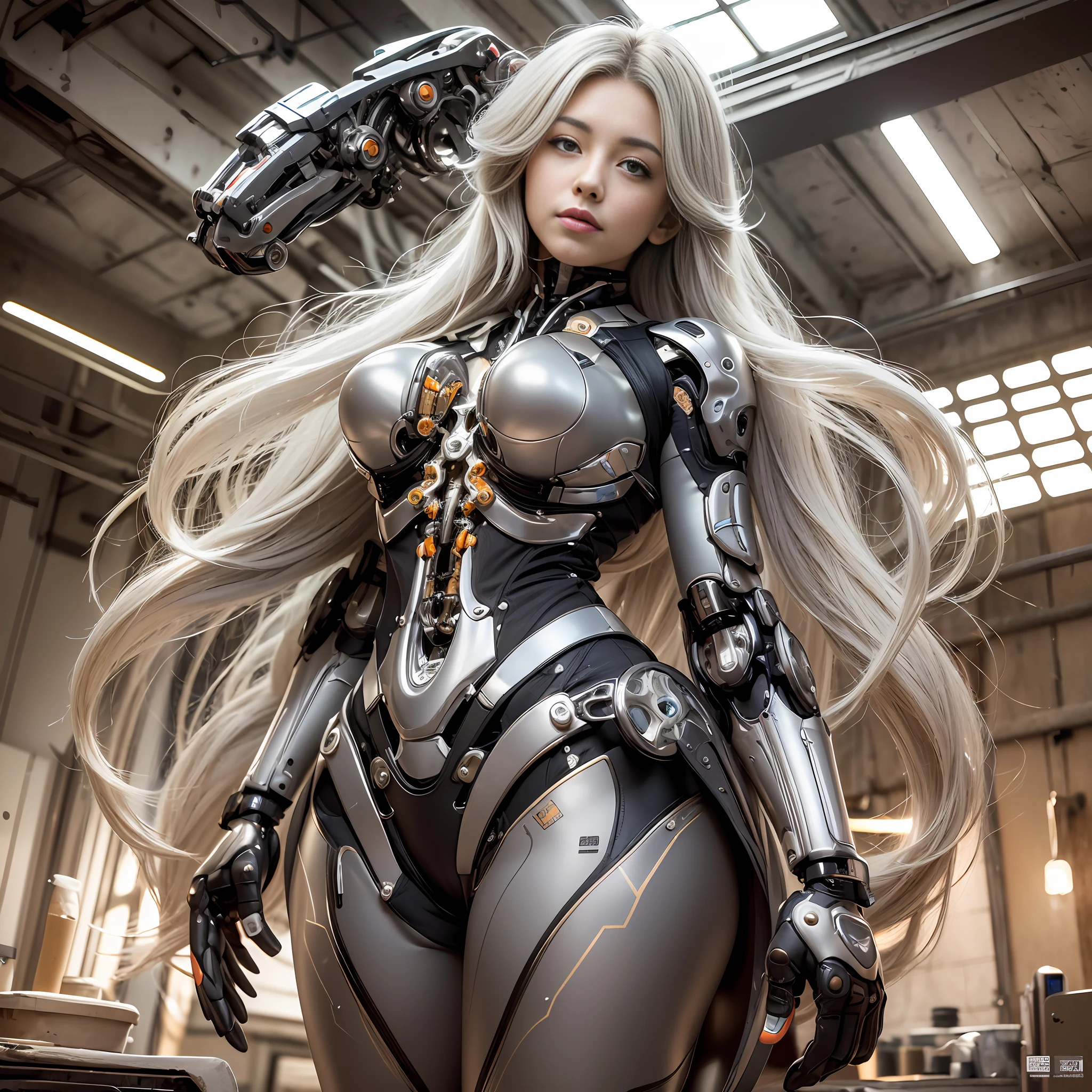 Beautiful Face,face is Japan, 1 Woman, Big, Curvaceous, (16k, RAW photo, top quality, masterpiece: 1.2), (HDR, Realistic, Photorealistic: 1.37) (tube attached to the body), (Bikini Cyborg robot parts)))), (light gray hair), Long hair, Wavy hair, Twin tails, Medium shot, ( Seductive smile)), (black eyes), double eyelids, princess cut, from below, (whole body),posing,,in the lab,( tube connected to blood vessel),((mechanical vertebrae attached to the back)),((mechanical neck attached to the neck)),(wire and cable attached to head and body),(character focus),science fiction,perfect female figure,perfect anatomy, hyperanatomy, full body shot, relationship between up to 4 fingers and 1 thumb, spherical joint,