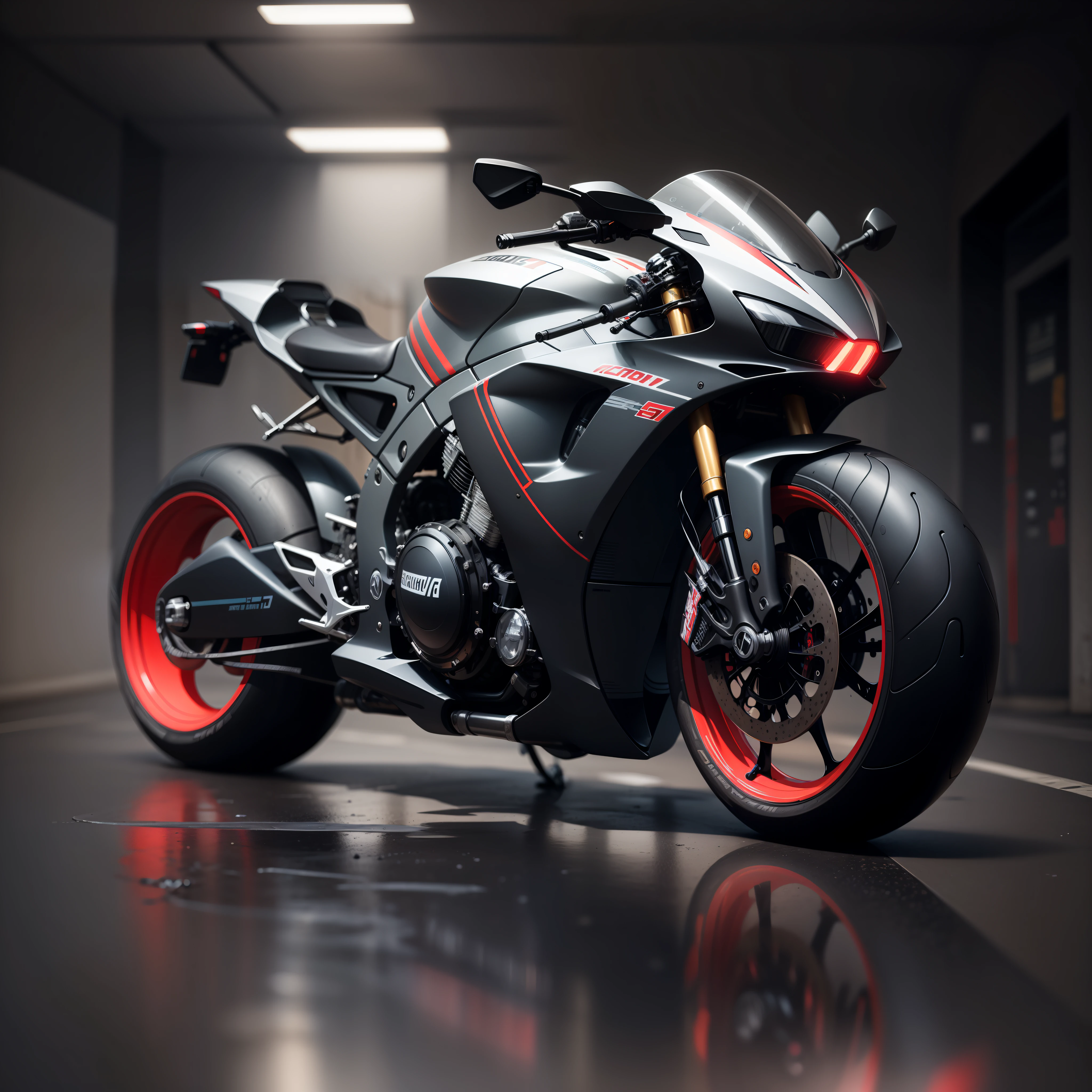 Futuristic speed racing street bike, aerodynamic, fast rims, extra wide wheels, black satin and light grey with red accent color combo, cinematic, studio light, studio shoot, soft light, shallow depth of field, 50mm 1.4, smoke, dark parkade, micro-details