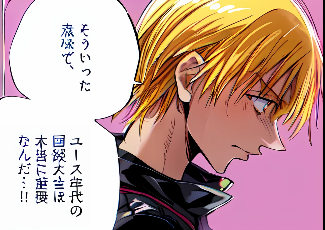 a anime of a man with a blonde hair from side view,  side view, black jacket, text bubble speech, chills, fear, on the plane, phobia, white eyes, color manga, manga color, color manga, color manga panel, simple background
