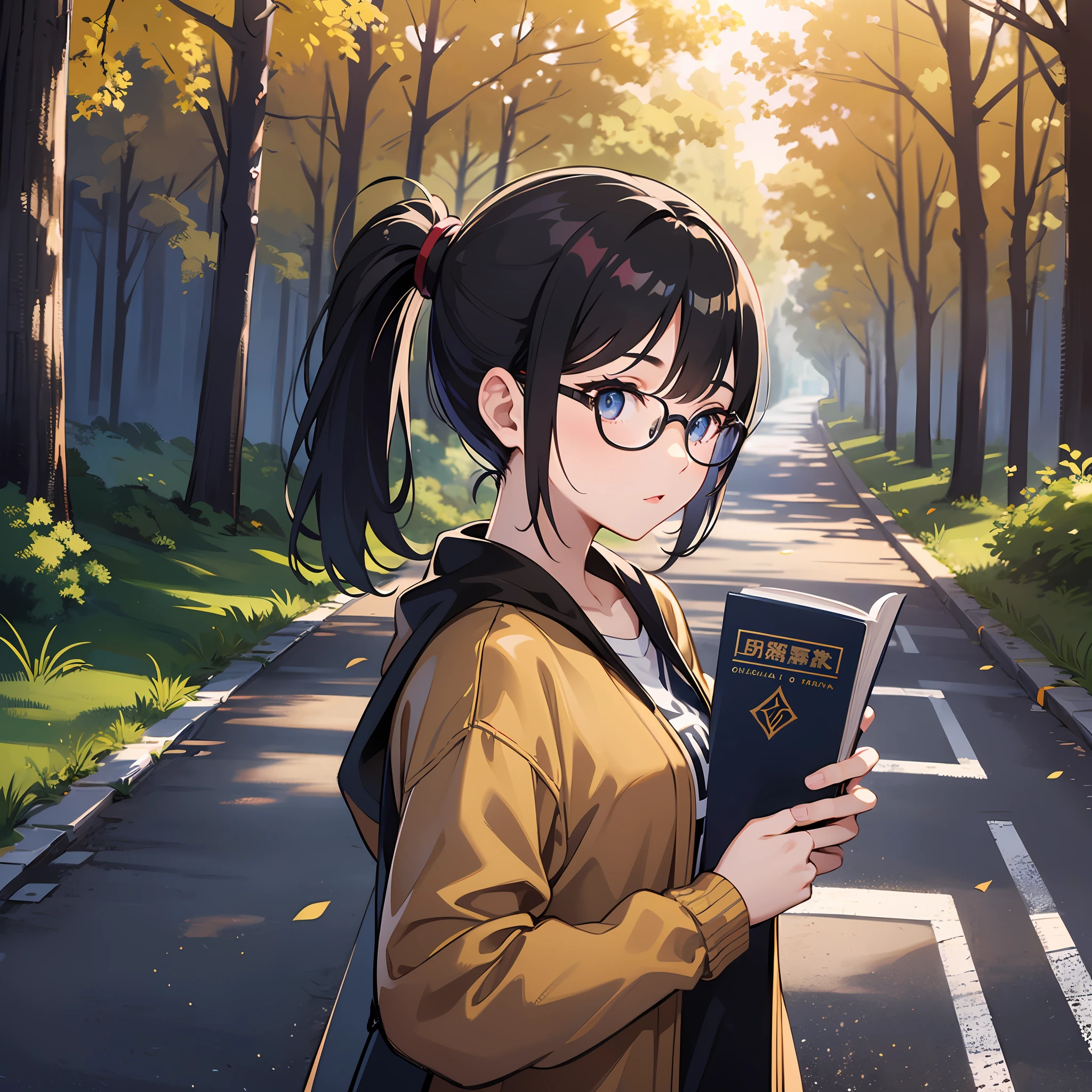 Black-haired girl,a ponytail,The face is slightly rounded,large eyes,Round-rimmed glasses,Holding a book in his hand,The background is a path under the setting sun,There are trees on both sides of the road,There are people passing by