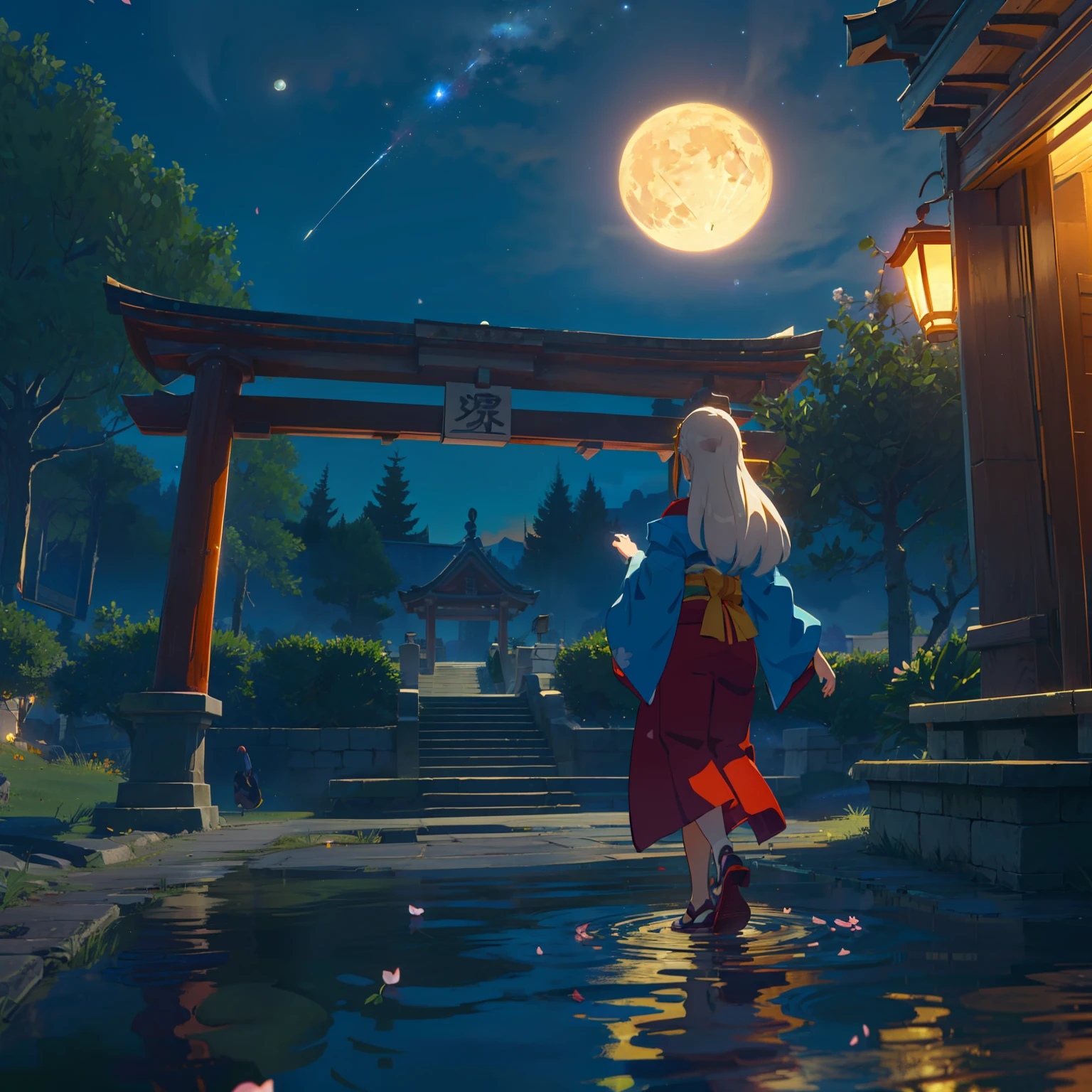 Open landscape , Landscape , Panorama shot , (Looking up, Looking down), Shrine maiden looking up, (Full moon: 1. 2), (Shooting star: 0. 9), (Nebula: 1. 3), Starry sky, Shining lantern, Fantastic cherry blossom tree, Trees, (Warm light source: 1. 2), (Firefly: 1. 2), Lamp 3), Starry sky, Torii gate, (Warm light source: 1. 2), ( (Firefly: 1. 2), Lamp, Orange and Blue Fine Detail, (Masterpiece: 1. 2), (Best Quality), 4k, Ultra Fine Detail, (Dynamic Composite: 1. 2), (Best Quality), Lamp, Orange and Blue Voluminous Lighting Main Fine Detail BREAK ((Masterpiece: 1.2), (Best Quality), 4k, Ultra Fine Detail, (Dynamic Composite: 1.4), Very Fine Detail, Colorful Detail, (Iridescent: 1. 2), (Luminous Lighting, Ambient Lighting), Dream like ( Ambient Lighting), dreamy, fantastic, (Solo: 1.2), sparkling, petals dancing, dancing light, white hair, beautiful hair, long hair, dancing hair, back view, puddle, dynamic pose, priestess outfit, priestess, red kimono