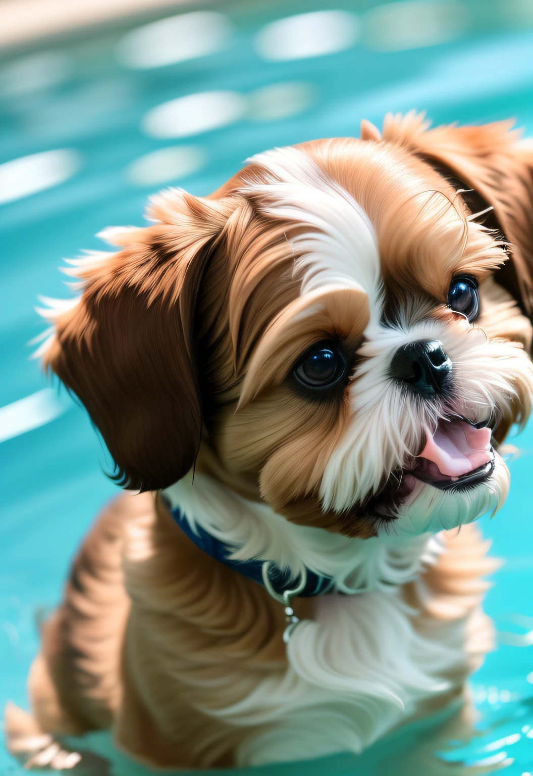 hyper Quality,Cute two Shih Tzu puppies,different body colors,swimming in the pool,smile,black eyes,barking,narrow eyes,smile,eos r3 28mm
