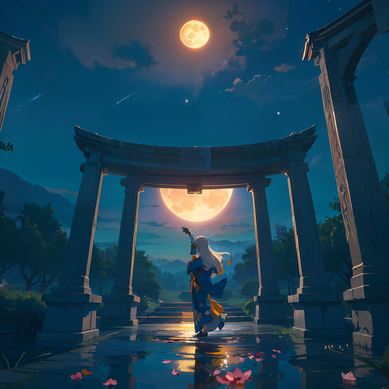 Open landscape , Landscape , Panorama shot , (Looking up, Looking down), Shrine maiden looking up, (Full moon: 1. 2), (Shooting star: 0. 9), (Nebula: 1. 3), Starry sky, Shining lantern, Fantastic cherry blossom tree, Trees, (Warm light source: 1. 2), (Firefly: 1. 2), Lamp 3), Starry sky, Torii gate, (Warm light source: 1. 2), ( (Firefly: 1. 2), Lamp, Orange and Blue Fine Detail, (Masterpiece: 1. 2), (Best Quality), 4k, Ultra Fine Detail, (Dynamic Composite: 1. 2), (Best Quality), Lamp, Orange and Blue Voluminous Lighting Main Fine Detail BREAK ((Masterpiece: 1.2), (Best Quality), 4k, Ultra Fine Detail, (Dynamic Composite: 1.4), Very Fine Detail, Colorful Detail, (Iridescent: 1. 2), (Luminous Lighting, Ambient Lighting), Dream like ( Ambient Lighting), dreamy, fantastic, (Solo: 1.2), sparkling, petals dancing, dancing light, white hair, beautiful hair, long hair, dancing hair, back view, puddle, dynamic pose, priestess outfit, priestess, red kimono