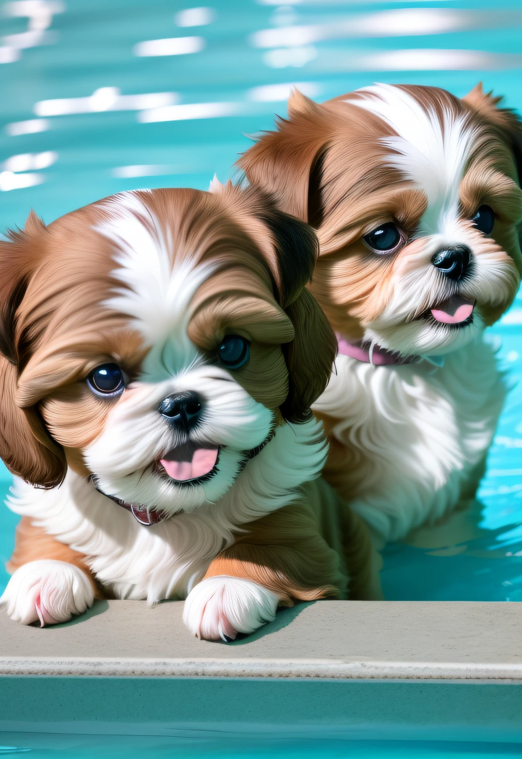 hyper Quality,Cute two Shih Tzu puppies,different body colors,swimming in the pool,smile,black eyes,barking,narrow eyes,smile,eos r3 28mm