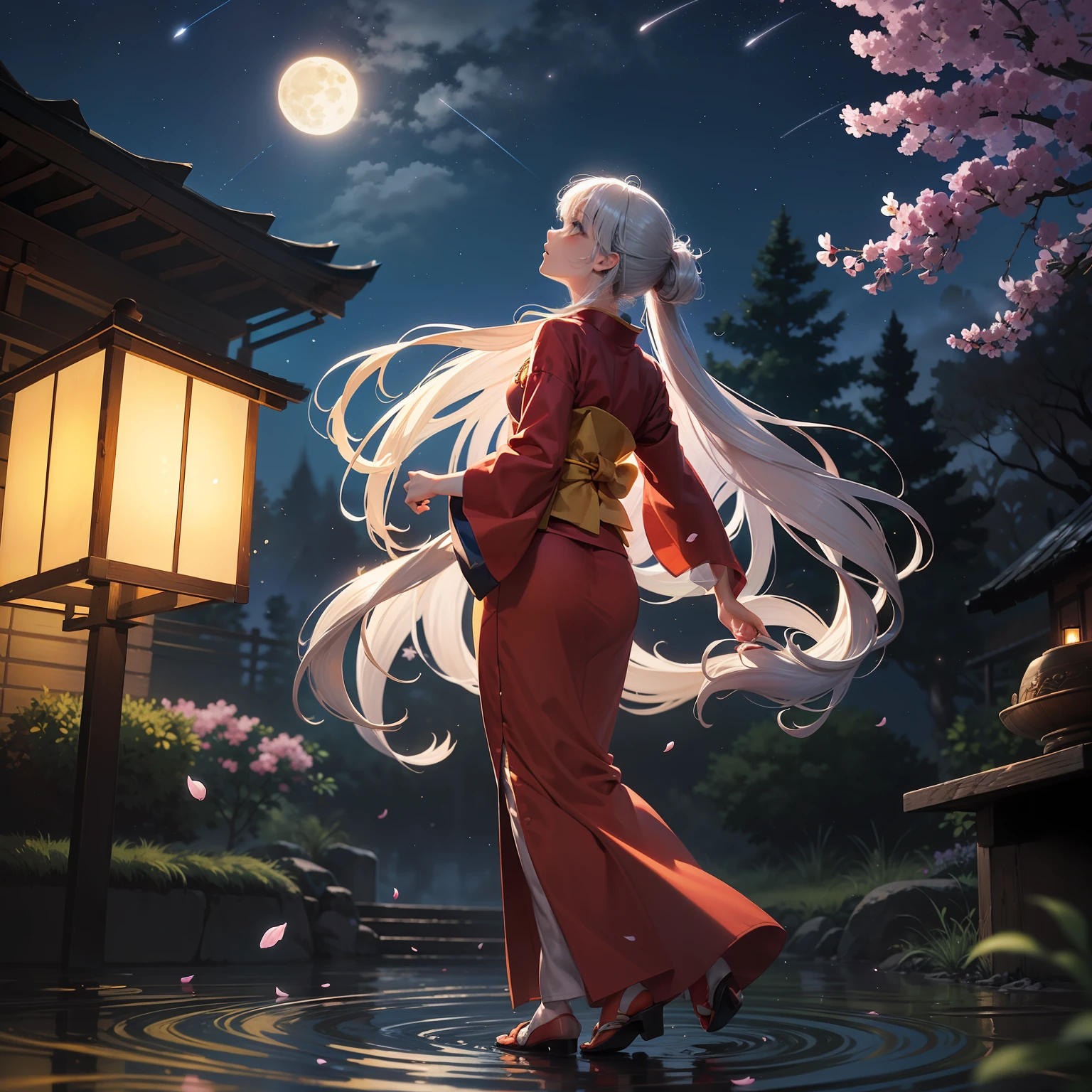 Open landscape , Landscape , Panorama shot , (Looking up, Looking down), Shrine maiden looking up, (Full moon: 1. 2), (Shooting star: 0. 9), (Nebula: 1. 3), Starry sky, Shining lantern, Fantastic cherry blossom tree, Trees, (Warm light source: 1. 2), (Firefly: 1. 2), Lamp 3), Starry sky, Torii gate, (Warm light source: 1. 2), ( (Firefly: 1. 2), Lamp, Orange and Blue Fine Detail, (Masterpiece: 1. 2), (Best Quality), 4k, Ultra Fine Detail, (Dynamic Composite: 1. 2), (Best Quality), Lamp, Orange and Blue Voluminous Lighting Main Fine Detail BREAK ((Masterpiece: 1.2), (Best Quality), 4k, Ultra Fine Detail, (Dynamic Composite: 1.4), Very Fine Detail, Colorful Detail, (Iridescent: 1. 2), (Luminous Lighting, Ambient Lighting), Dream like ( Ambient Lighting), dreamy, fantastic, (Solo: 1.2), sparkling, petals dancing, dancing light, white hair, beautiful hair, long hair, dancing hair, back view, puddle, dynamic pose, priestess outfit, priestess, red kimono