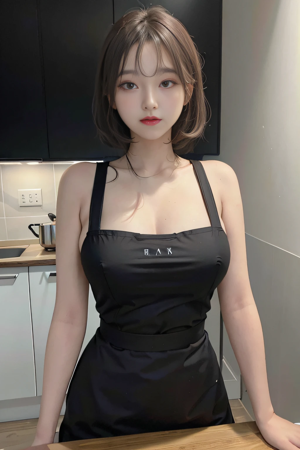 Top image quality、RAW Photography、extra high resolution、16-year-old Korean、Culinary apron、Black apron、large round breasts、Short Bob、shiny white skin、Beautiful eyes with random colors、Very thin lips、Beautiful eyes in every detail、elongated eyes、pale pink blush、long eye lashes、Beautiful double eyelids、eyeshadows、light white hair、black walls、kitchen、Cafe kitchen、Cafe counter table