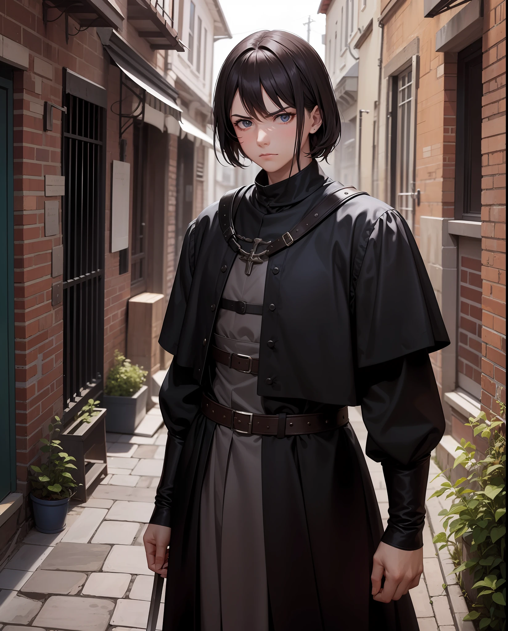 Um homem de 10 anos,de cabelos pretos,In the middle of a square in the medieval era,em 1400 antes de cristo,She's in an alley and looking at an old iron blade,The child has an arrogant look. Estilo medieval, homem,garoto, masculino.