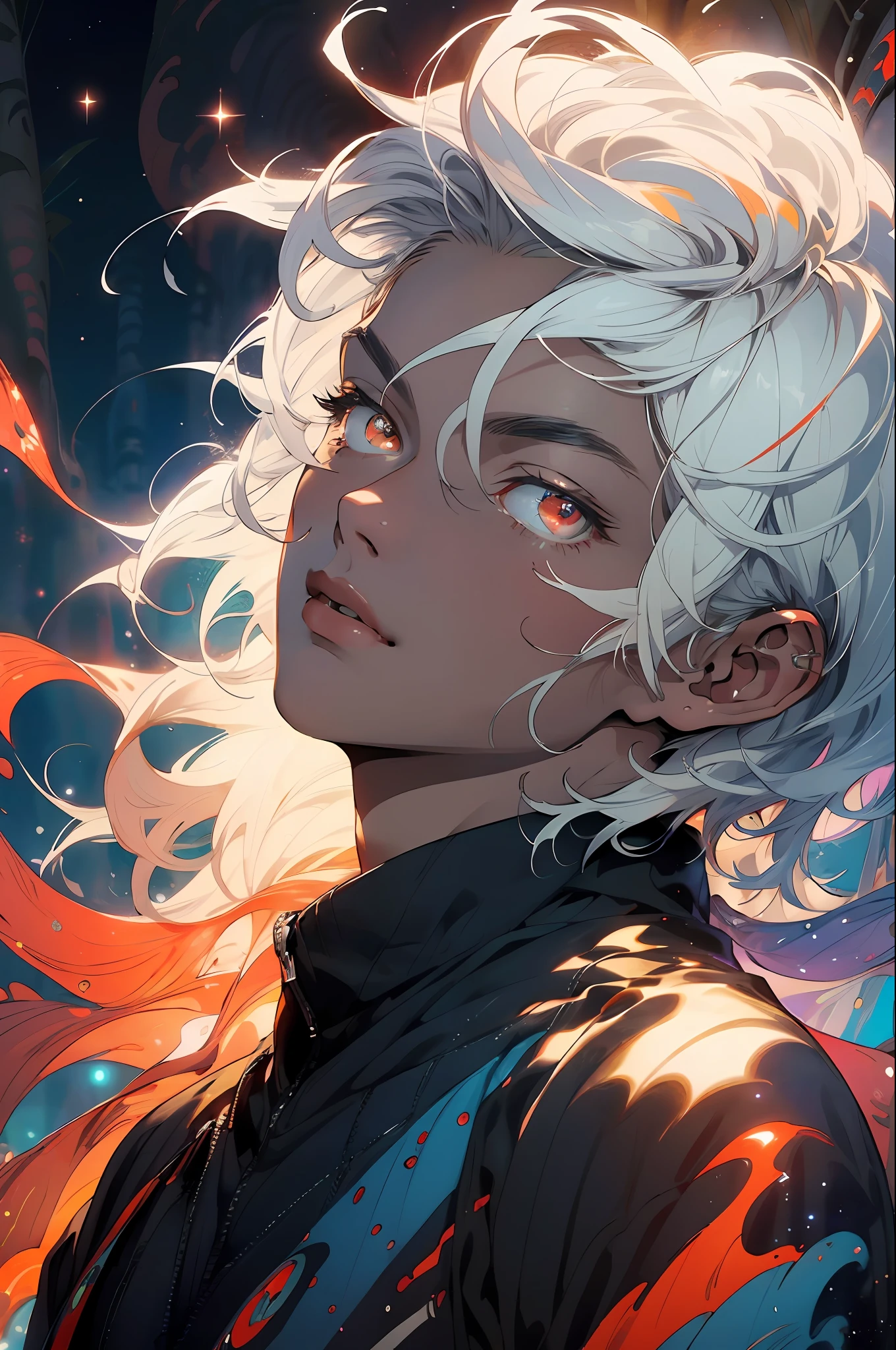 Realistic, (Masterpiece, Top Quality, Best Quality, Official Art, Beauty and Aesthetics: 1.2), Very Detailed, Fractal Art, Colorful, Most Detailed, Zentangle, (Abstract Background: 1.5) (1boy: 1.3), God, White Hair, Short Hair, (Glowing Red Eyes), Mysterious, (Magic), Handsome Man, Firefly, Starry Sky, Bamboo Forest